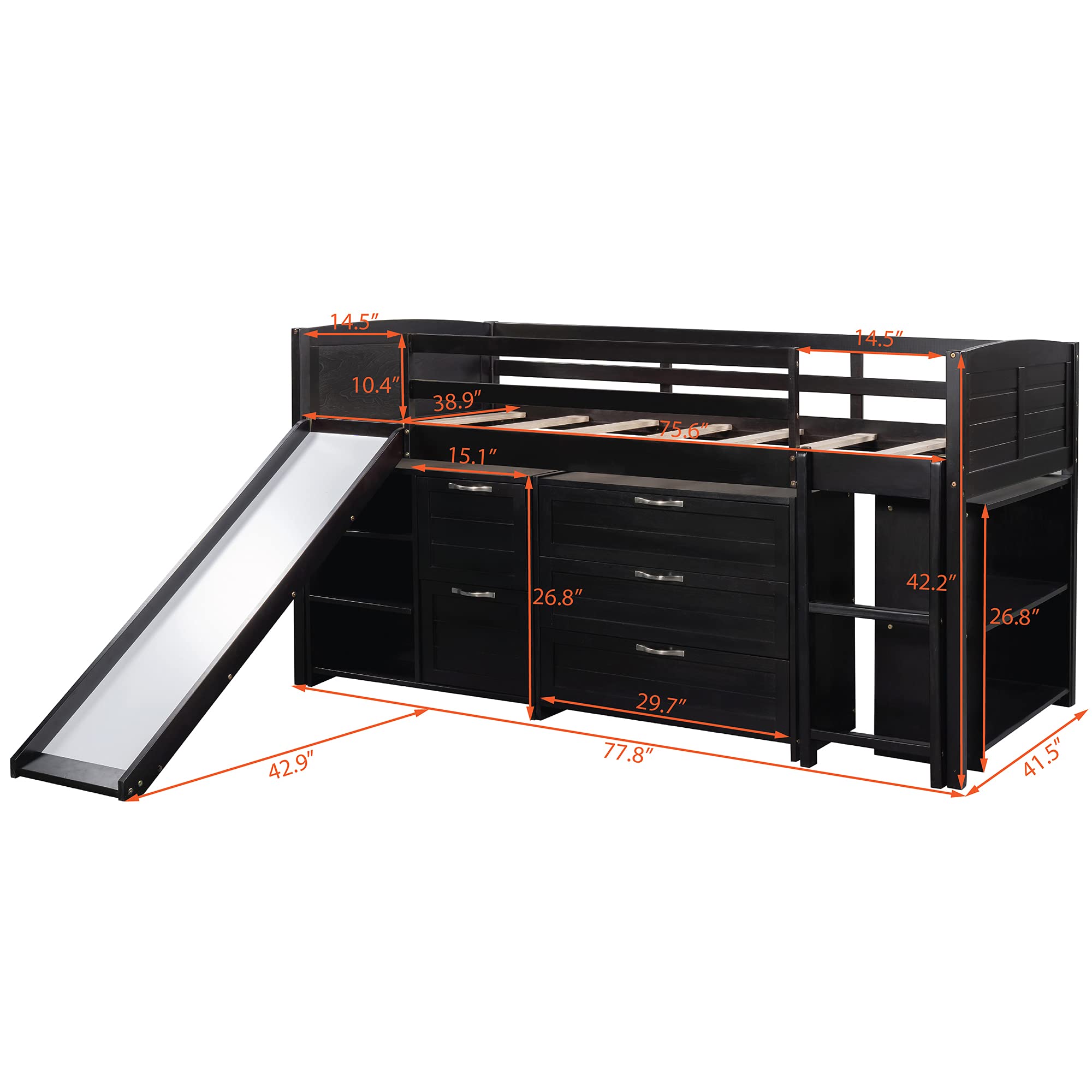 Harper & Bright Designs Twin Loft Bed with Slide - Solid Wood Low Loft Bed with Storage Cabinets & Shelves for Kids, Boys & Girls - Espresso Finish - Perfect for Small Bedrooms, Playrooms & Kids' Dorm Rooms