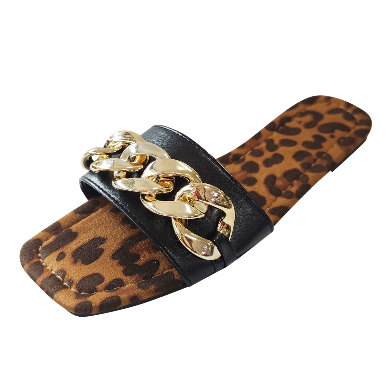 **Women's Flat Sandals - Leopard Print Open-Toe Slippers with Wide Width - Comfortable Rose Gold Casual Shoes for Home, Beach & Outdoors (Brown, Size 9)**