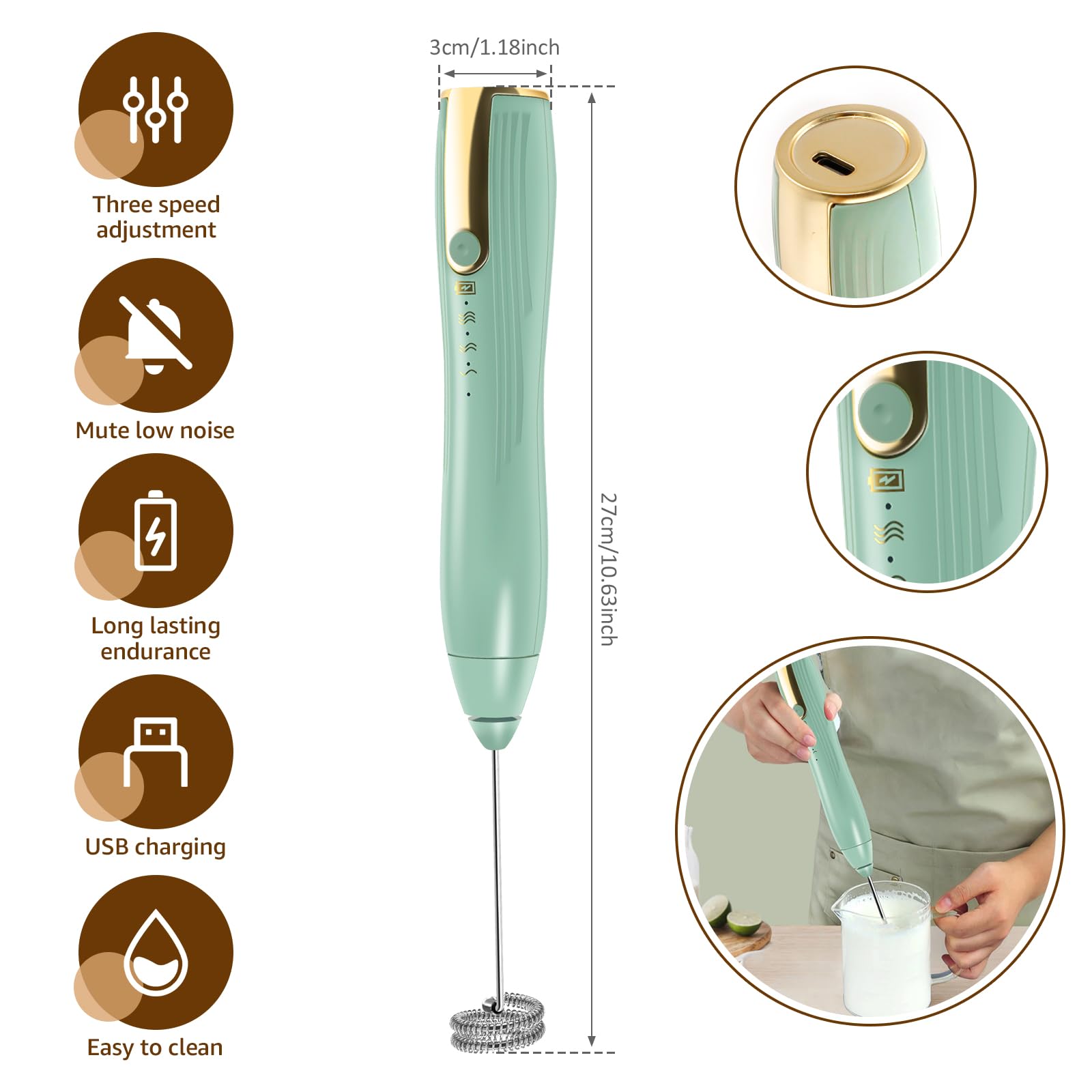 Premium Rechargeable Electric Milk Frother - Handheld Whisk Drink Mixer for Coffee, Latte, Cappuccino, Frappe & Matcha | Powerful Foam Maker & Hand Blender | Perfect for Home, Office & Cafe Use