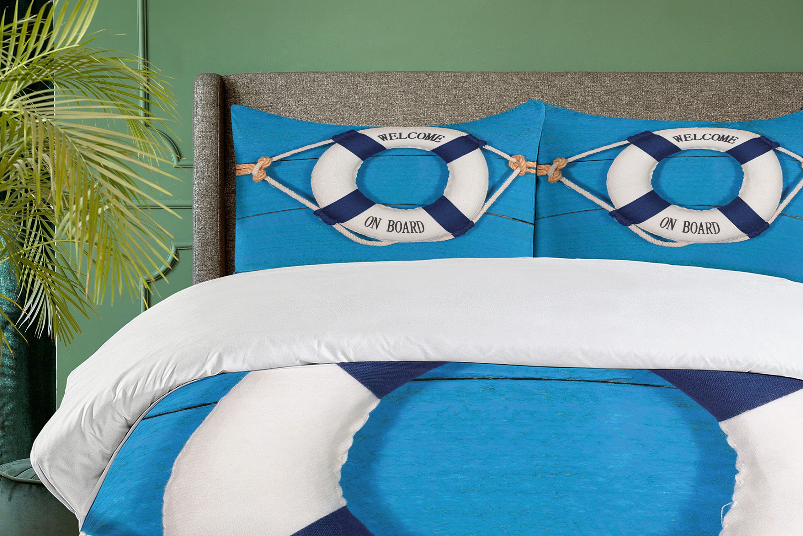 Ambesonne Coastal Duvet Cover Set - Nautical Welcome on Board Design on Painted Wood Wall - 3 Piece Bedding Set with 2 Pillow Shams - California King Size - Navy Blue & White Ocean Theme - Perfect for Beach House, Guest Room or Nautical Nursery Decor