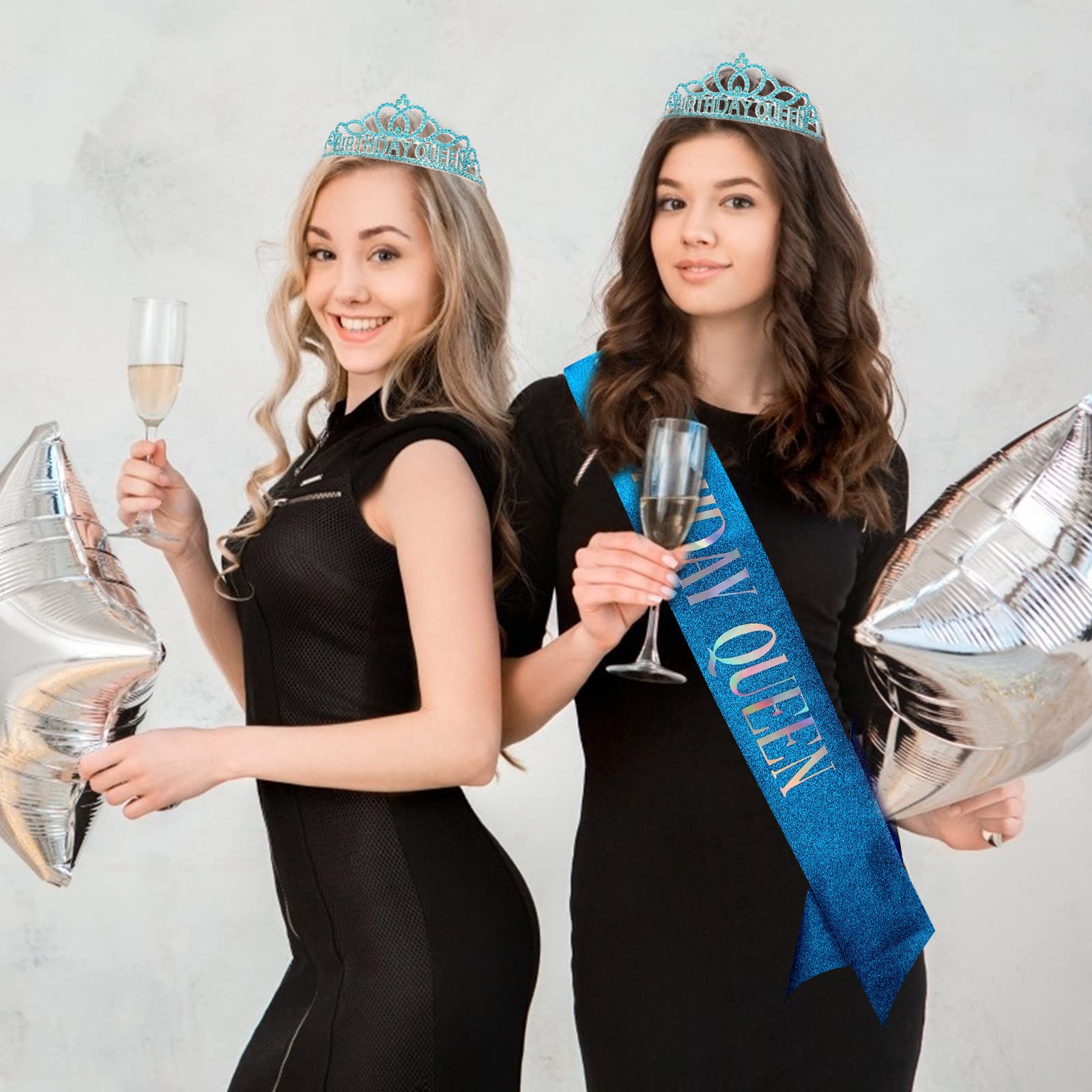 Blue Birthday Crown and Sash Set for Women - Elegant Queen Tiara & Sash for Birthday Party Decorations - Perfect for Birthday Celebrations, Bachelorette Parties & Special Events