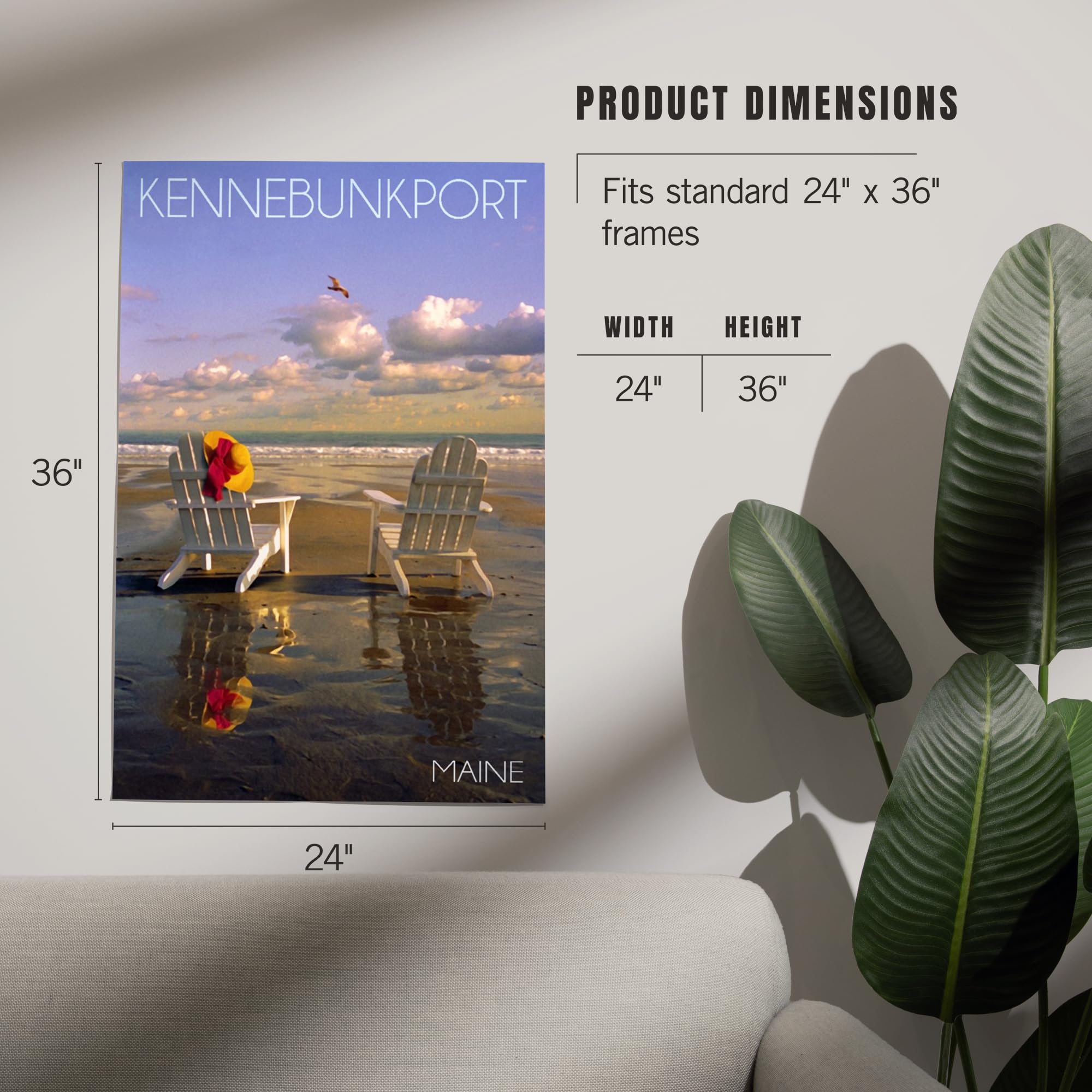Lantern Press 24x36 Inch Giclee Art Print - Kennebunkport Maine Coastal Wall Decor with Adirondack Chairs & Beach Scene | Perfect for Living Room, Bedroom or Office Wall Art
