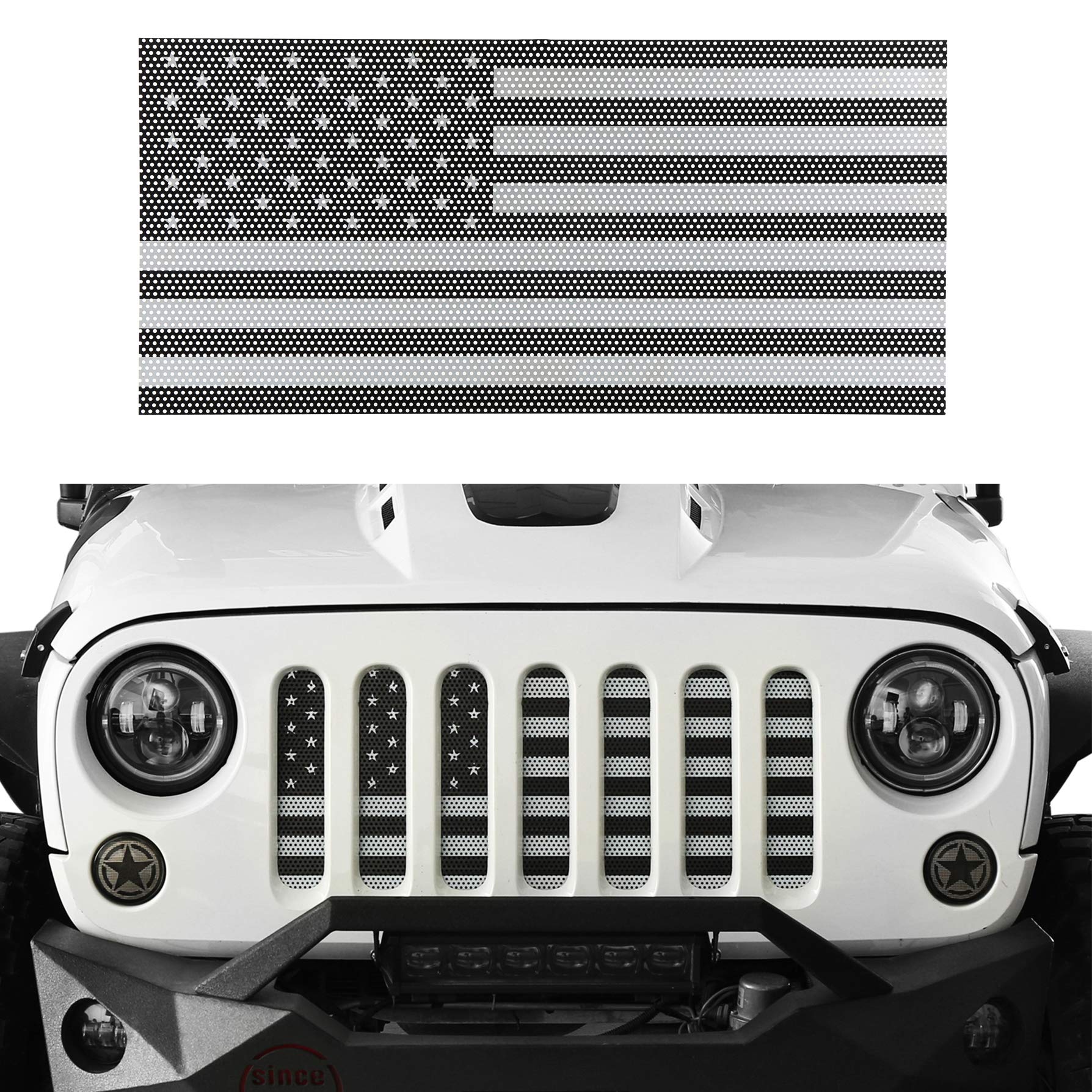 Wrangler Grille Insert Flag Mesh Grill Overlay Bug Screen for Jeep Wrangler 2007-2018 JK & Unlimited - Black and White Rubicon Sahara Sport JKU | Durable Protection & Stylish Upgrade for Off-Road Adventures