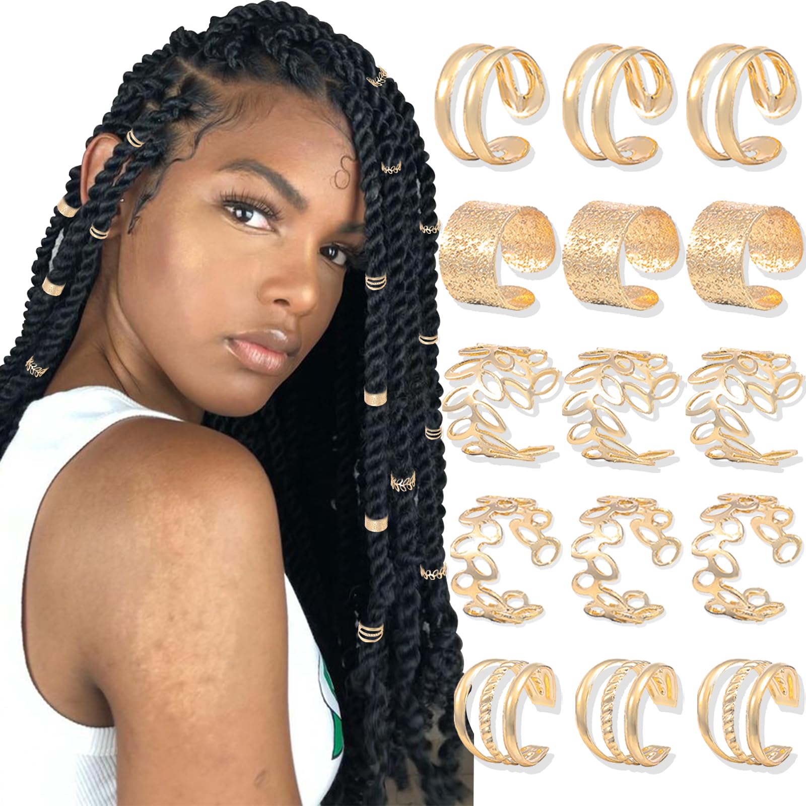 NAISKA 15PCS Gold Hair Braid Beads Clips - Non-Piercing Metal Braid Cuffs for Dreadlocks & Locs - Hair Accessories for Women & Men - Perfect for Boho, Festival & Everyday Hairstyles