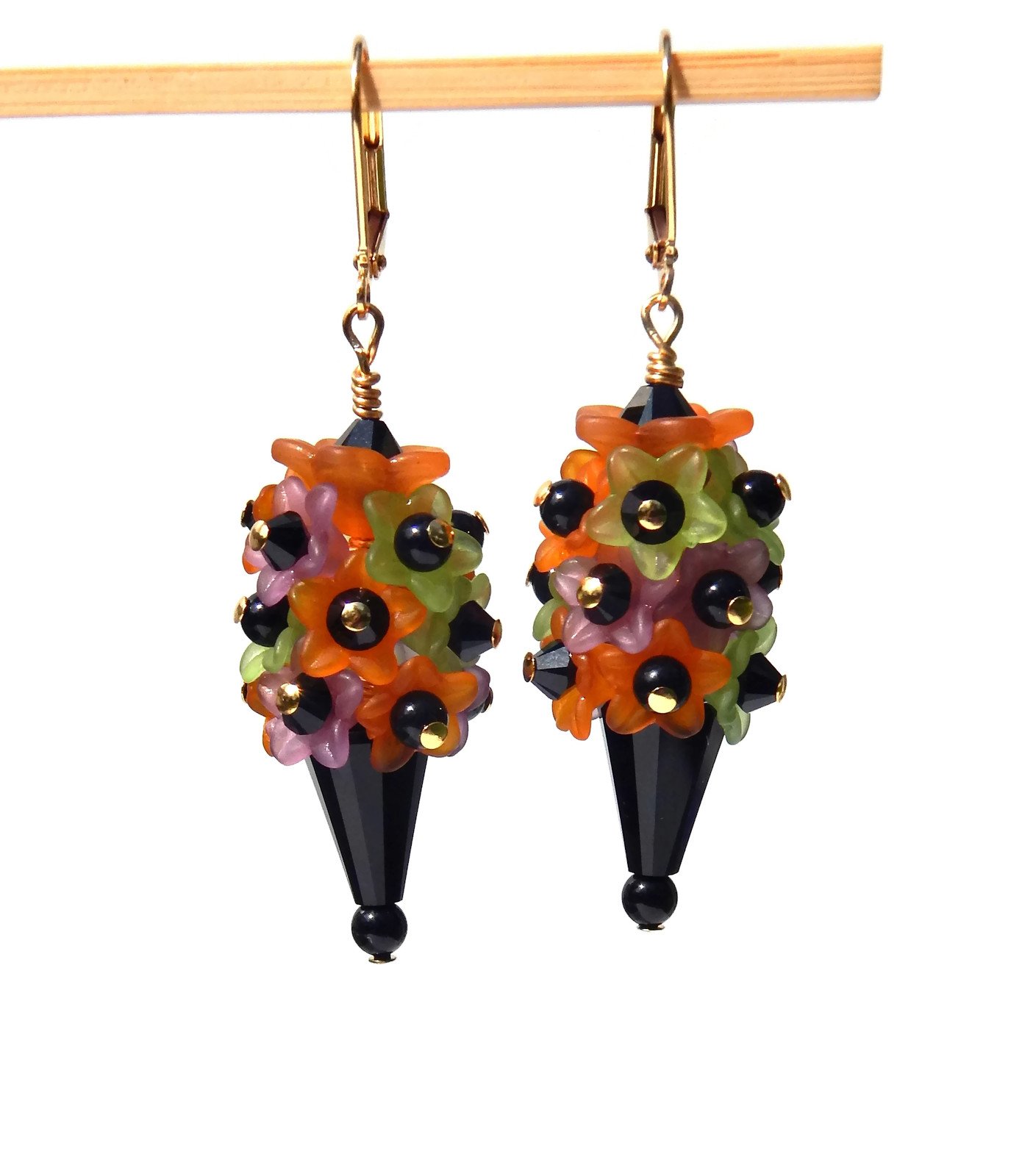 Halloween Flower Earrings - Orange, Black, Purple & Green Floral Cluster Dangle Earrings for Women | Spooky Party Accessories, Cosplay Costume Jewelry, Witchy Gothic Fashion