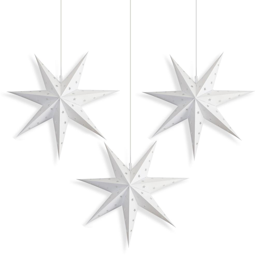 3 Pack 24 Inch White 7-Point Weatherproof Outdoor Plastic Star Lantern with LED Bulbs & Cord - Christmas Decoration, Patio Lighting, Garden Party Decor