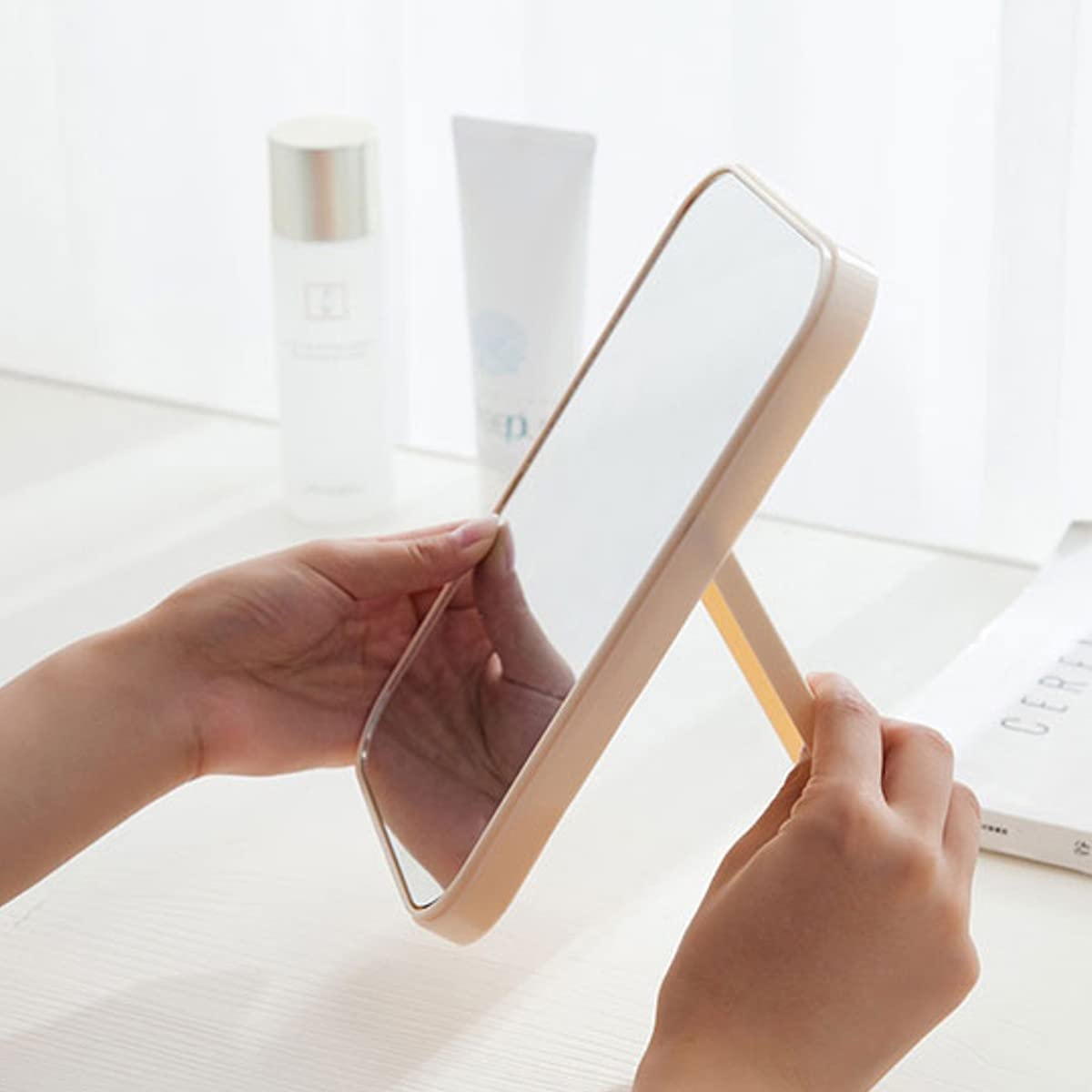 Leeonz Portable Folding Vanity Mirror with Stand - 90° Adjustable Rotation Makeup Mirror for Travel, Shower & Shaving - Perfect for Home, Bathroom & On-the-Go Use (Pink)