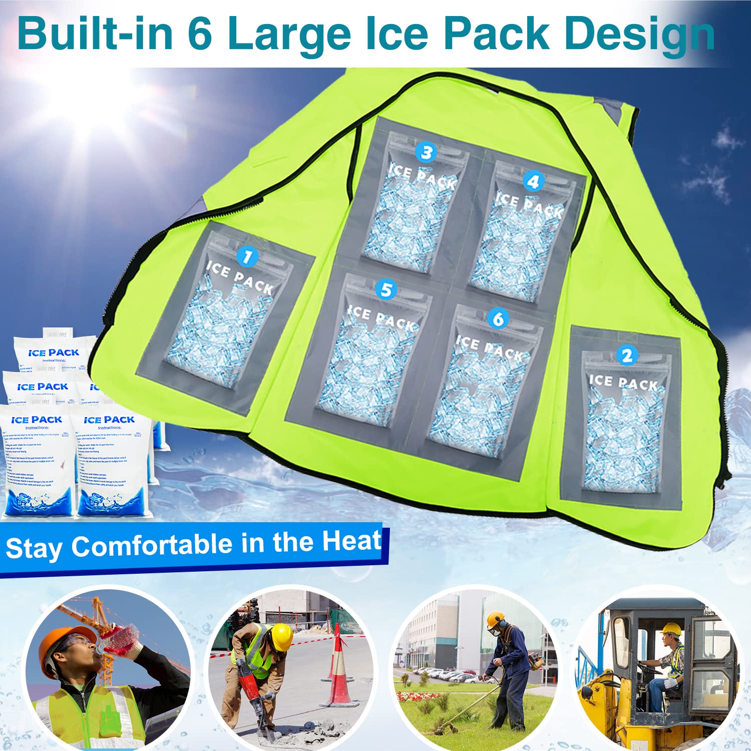 Cooling Safety Vest with 20 Ice Packs - Breathable Heat Relief Vest for Men & Women - Ideal for Construction, Landscaping & Outdoor Work in Hot Weather