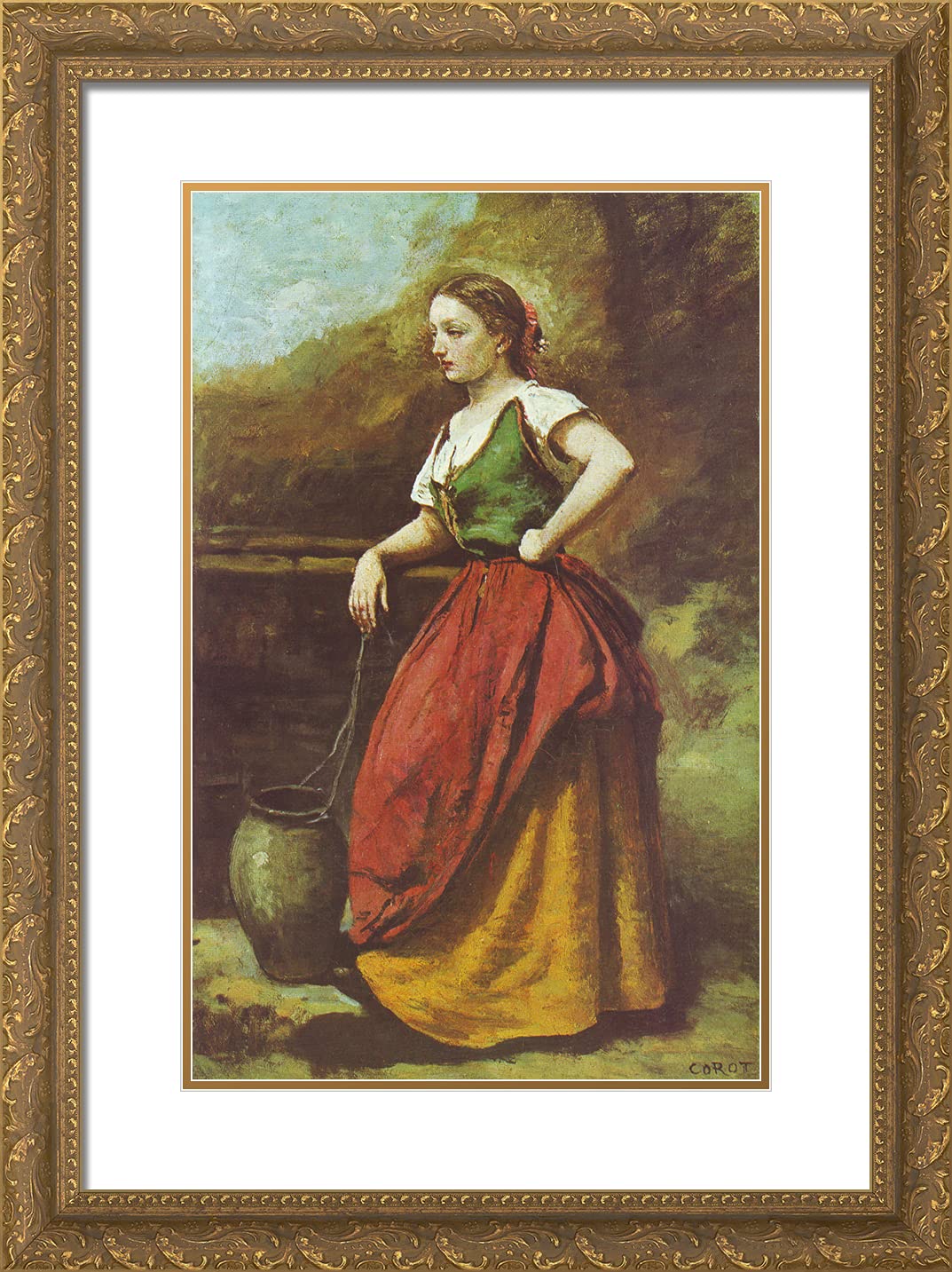 Camille Corot 'Young Woman at the Well' 18x24 Inch Gold Ornate Framed Art Print with Double Matting - Classic Oil Painting Reproduction for Living Room, Bedroom & Office Decor
