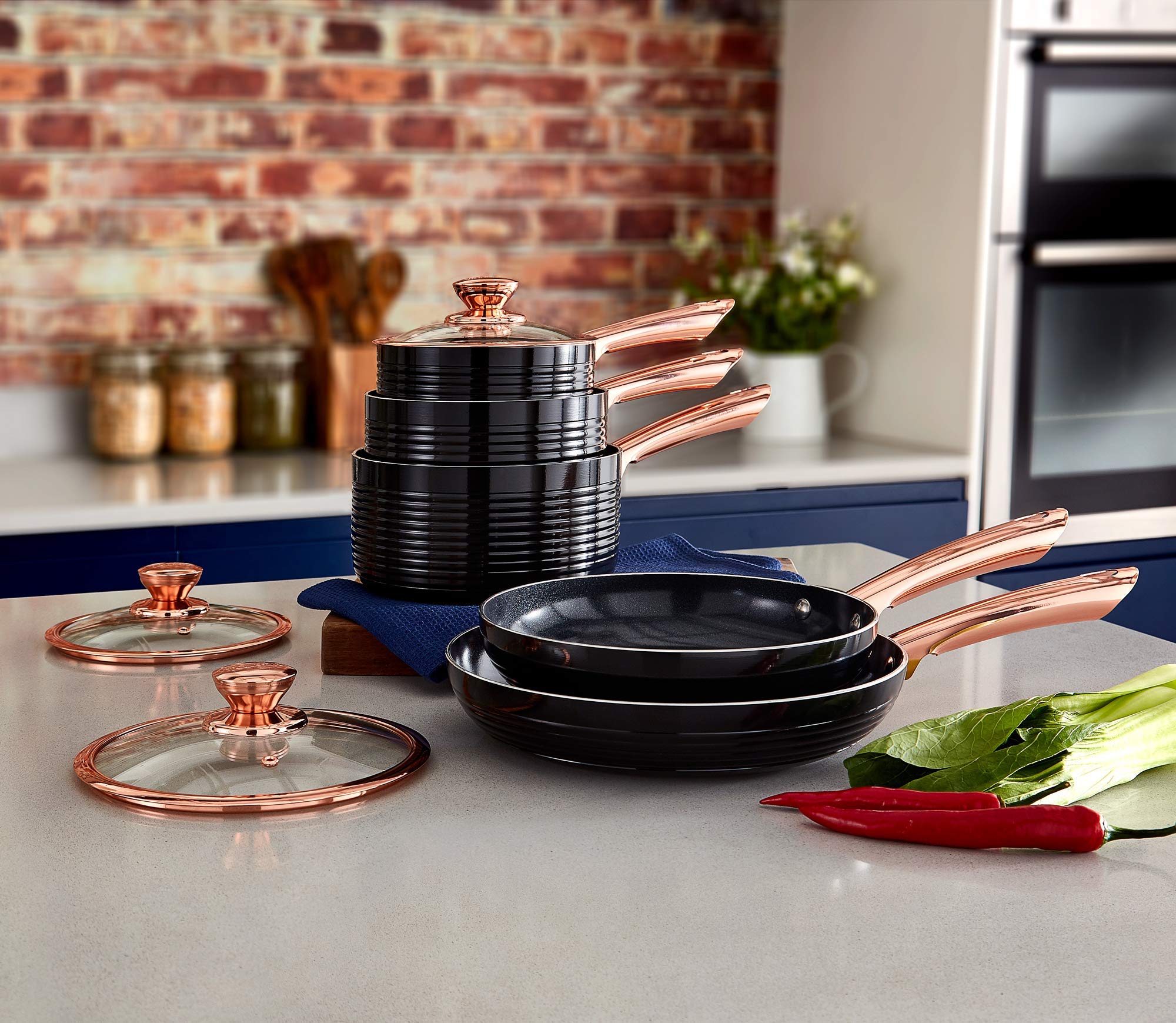 Premium 5-Piece Non-Stick Cerasure Coating Tower Linear Induction Pots and Pans Set - Black & Rose Gold (16cm/18cm/20cm Saucepans + 24cm/28cm Frying Pans) for Professional Cooking & Everyday Kitchen Use