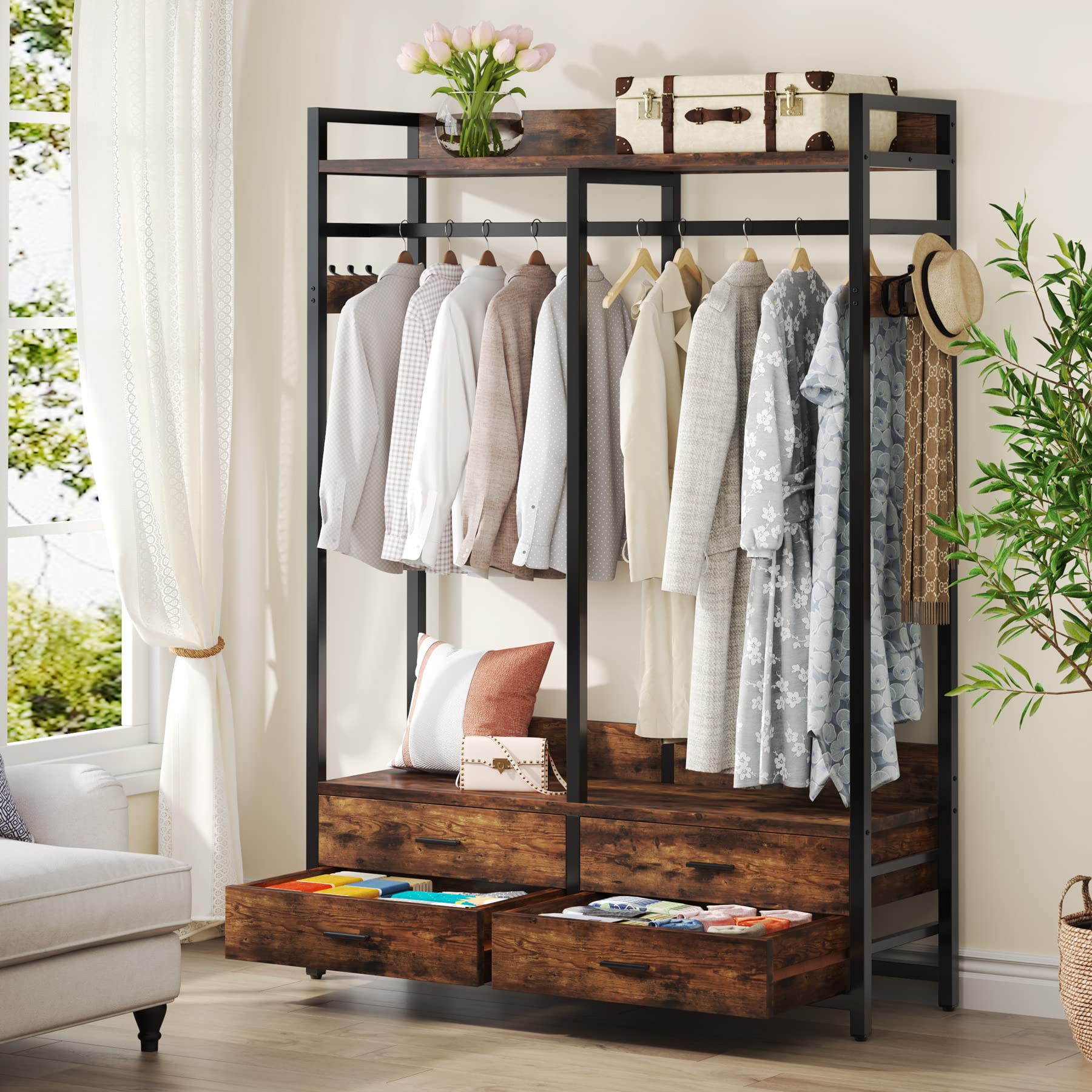 Tribesigns Heavy Duty Freestanding Closet Organizer - Garment Rack with 4 Drawers, 8 Hooks & Storage Shelves - Rustic Brown Wardrobe for Hanging Clothes - Perfect for Bedroom, Living Room & Walk-in Closet Organization
