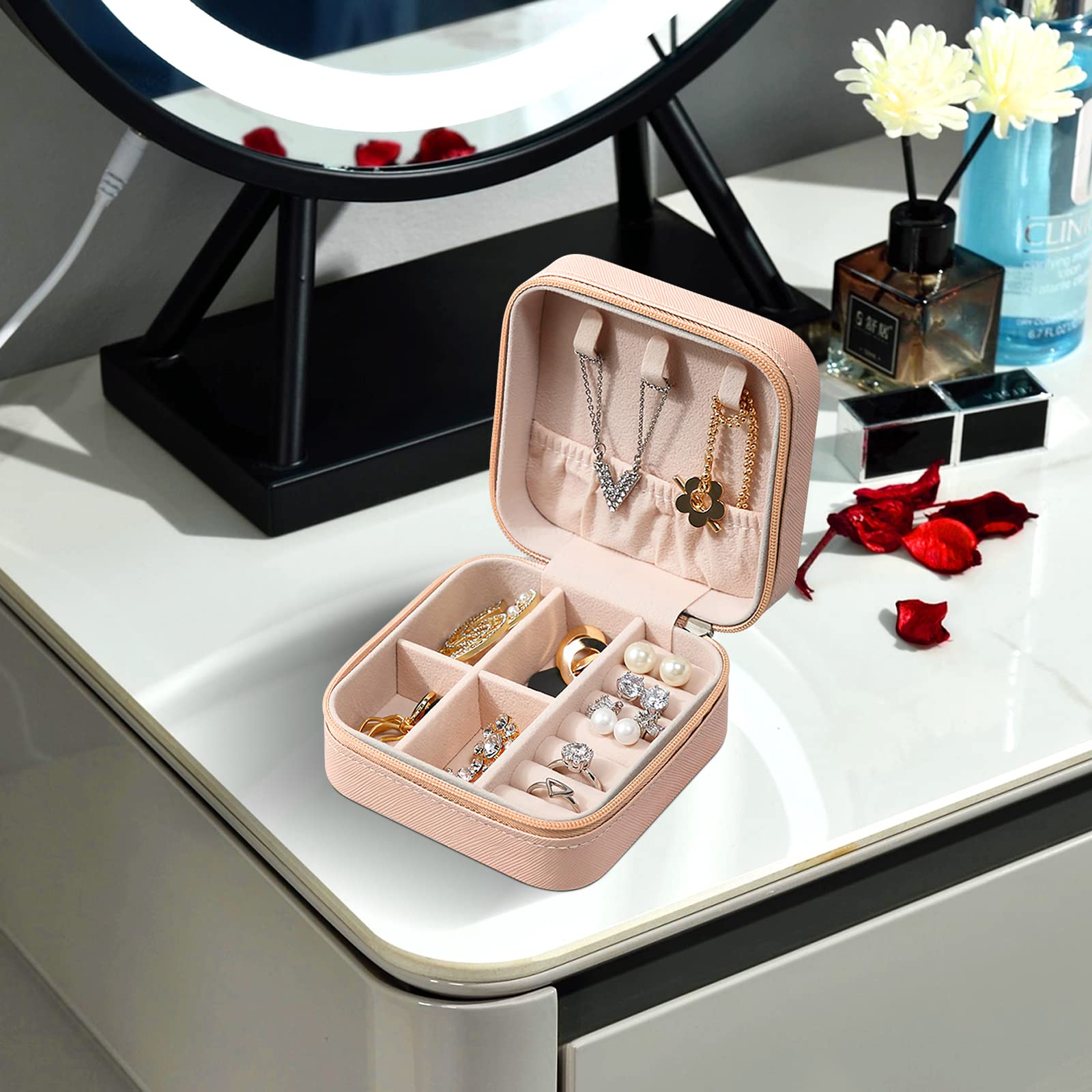 Eucomir Mini Portable Jewelry Box Organizer for Women - PU Leather Travel Jewelry Display Case with Lotus Design - Perfect Gift for Girls, Mothers & Daughters - Ideal for Travel, Home Storage & Gift Giving