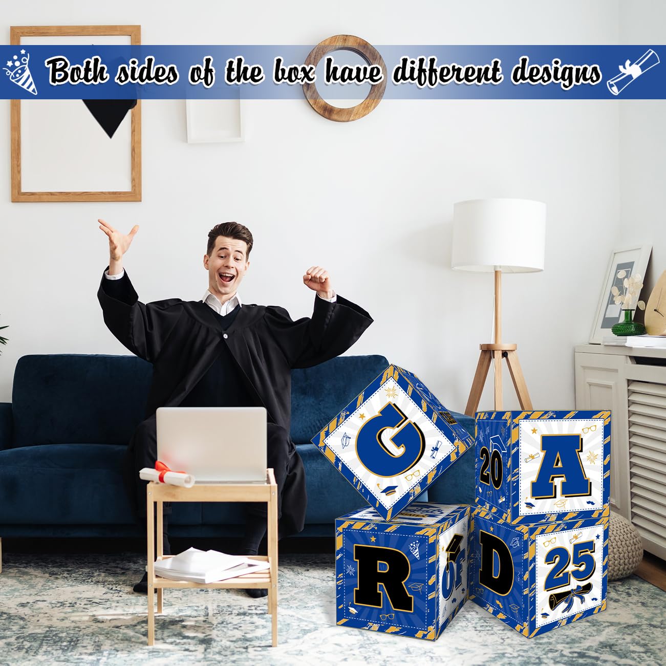 Class of 2025 Graduation Decorations - Blue & Gold Balloon Gift Box Set with GRAD Letters | High School & College Graduation Party Supplies | Perfect for Graduation Announcements, Open House Decor & Photo Backdrops