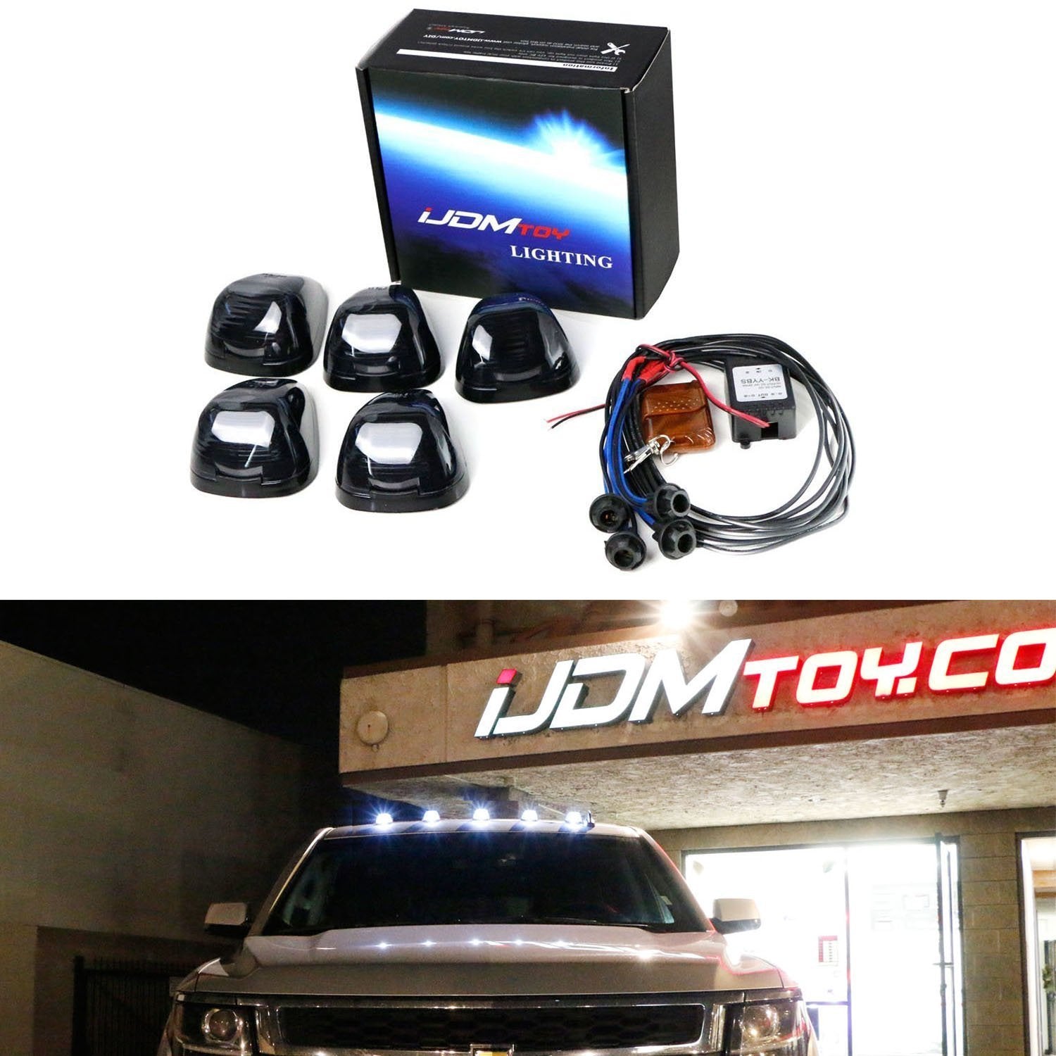 5-Pack White LED Black Smoked Cab Roof Marker Lights with Remote Strobe Flash Module - Heavy Duty Truck & Trailer Lighting for Night Visibility & Safety