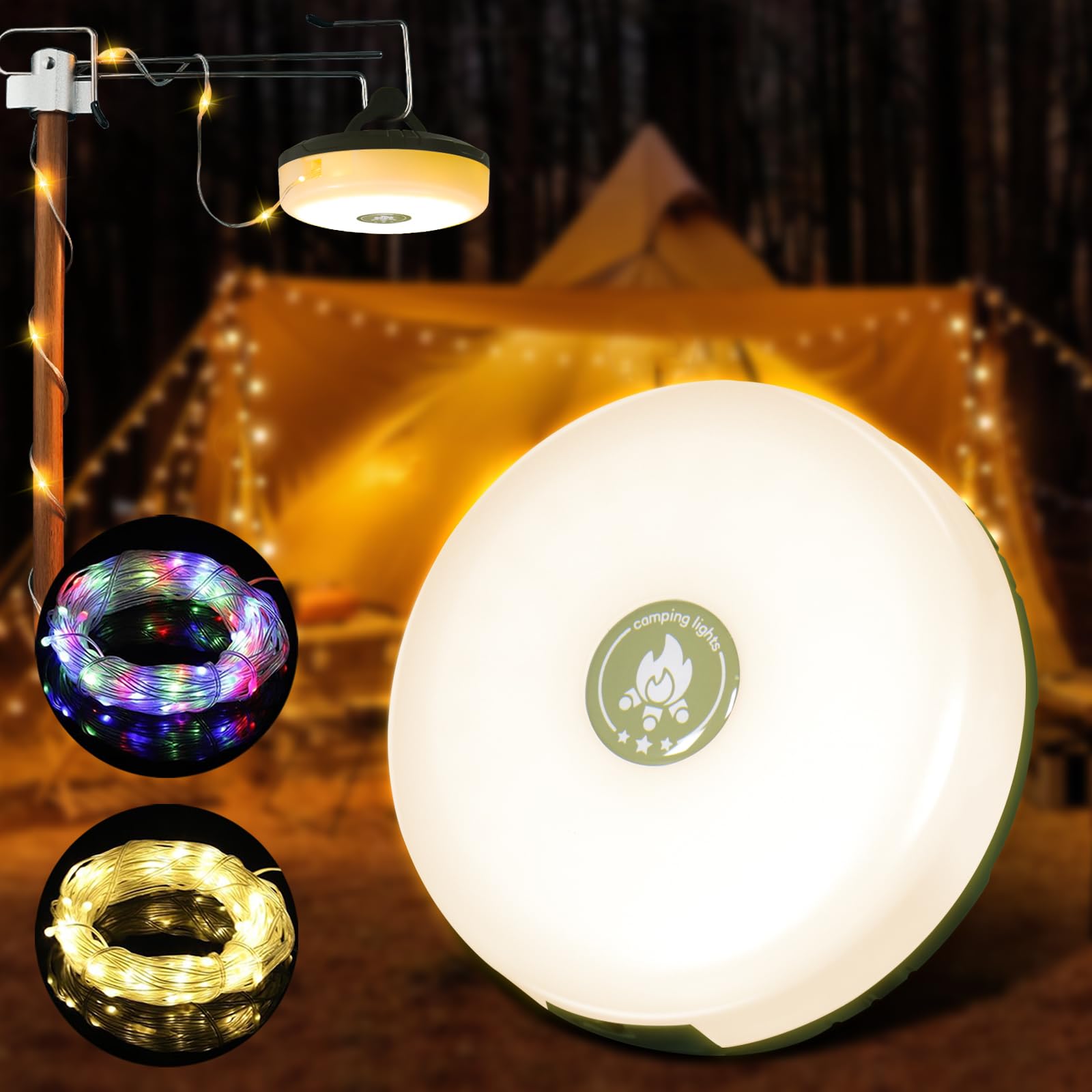 33ft Waterproof Outdoor String Lights - USB Rechargeable RGB & Warm White LED Camping Lights for Tents, Hiking, Backyard, Patio & Travel | IP44 Rated, Quick Storage Portable Lantern