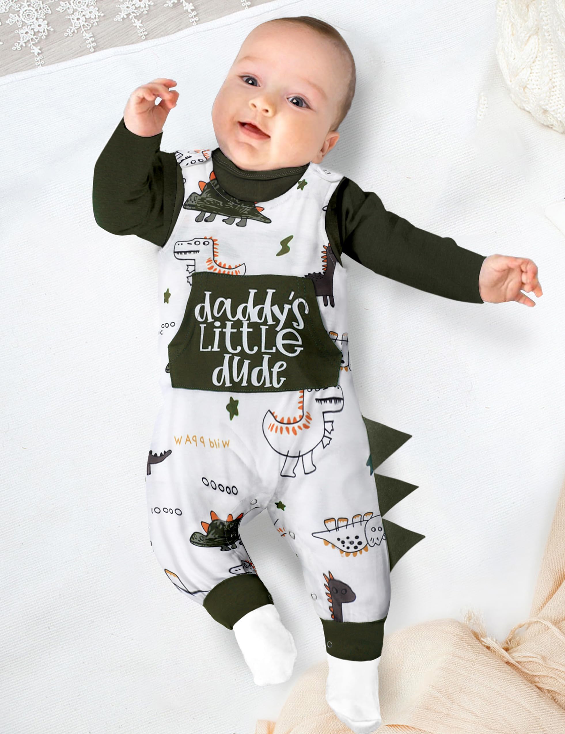 3-Piece Baby Boy Outfits Set - Dinosaur Romper with Long Sleeves & Hat | Cute Newborn Clothes for Boys | Perfect for Playtime, Photo Shoots & Daily Wear