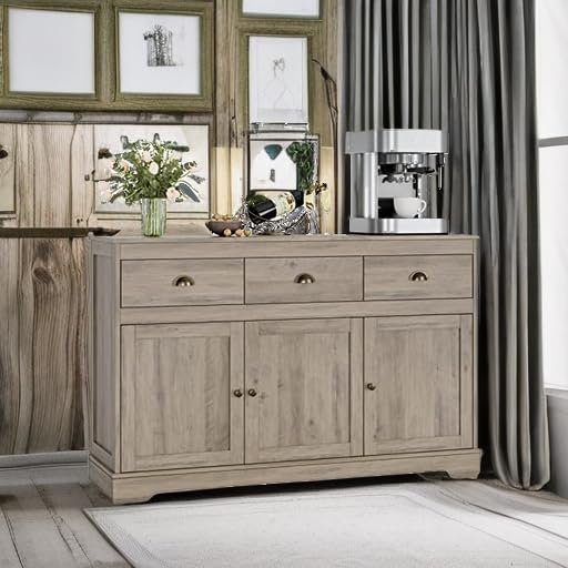 Keyluv Buffet Storage Cabinet - Farmhouse Style Sideboard with 3 Drawers & 3 Doors, Adjustable Shelves Console Table for Kitchen, Dining & Living Room - Grey Wash | Perfect for Wine Storage, Bar Server & Home Organization