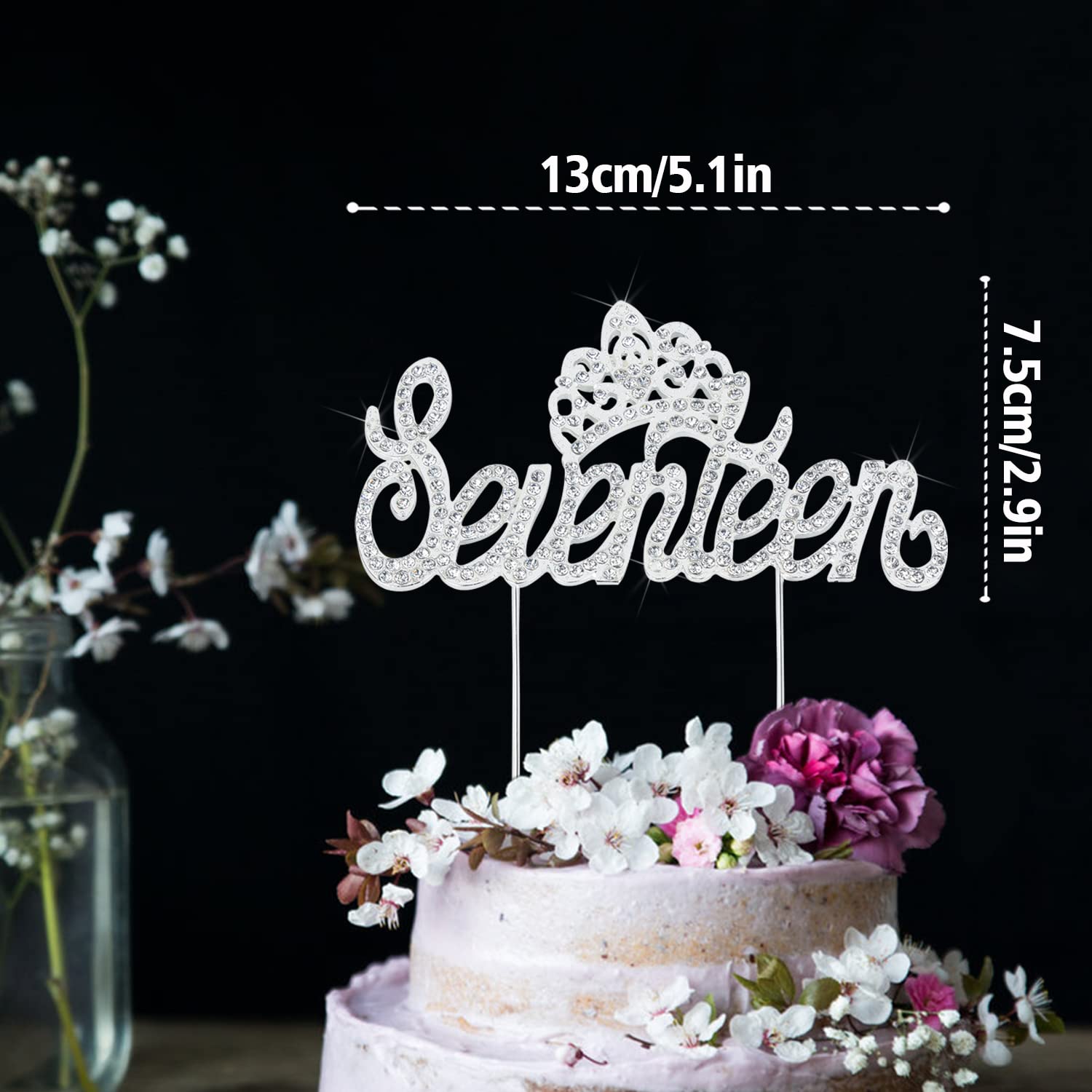 LINGTEER 17th Birthday Cake Topper with Silver Crystal Crown - Bling Rhinestone Party Decor for Sweet 17 Celebrations | Perfect for Quinceañera, Milestone Birthdays & Teenager Parties