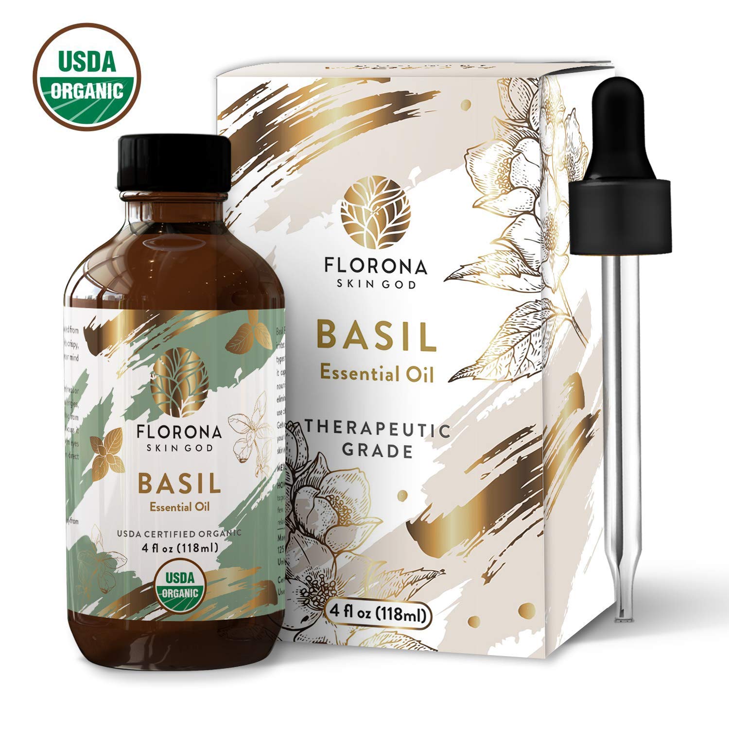 Organic Basil Essential Oil 4oz - USDA Certified for Hair, Skin & Aromatherapy - Perfect for Diffusers & Massage