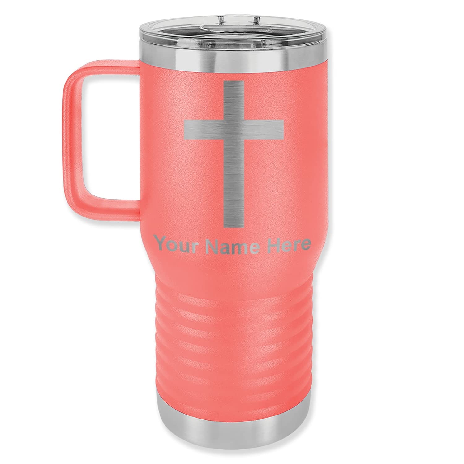 LaserGram 20oz Vacuum Insulated Stainless Steel Travel Mug with Handle - Christian Cross Design, Personalized Engraving Included (Coral) - Perfect for Coffee, Tea & Hot/Cold Beverages On The Go