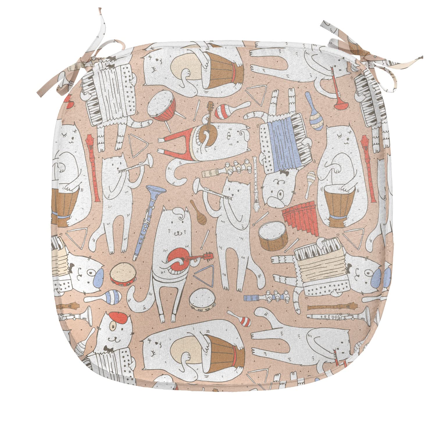 Ambesonne 12-Piece Music Chair Cushion Set - Musician Cats with Drum, Accordion, Tube & Guitar Design - Non-Slip Seat Pads for Kitchen, Dining, Patio & Office - 16x16 Inches - Warm Taupe & White - Perfect for Music Lovers' Home Decor & Gift Ideas