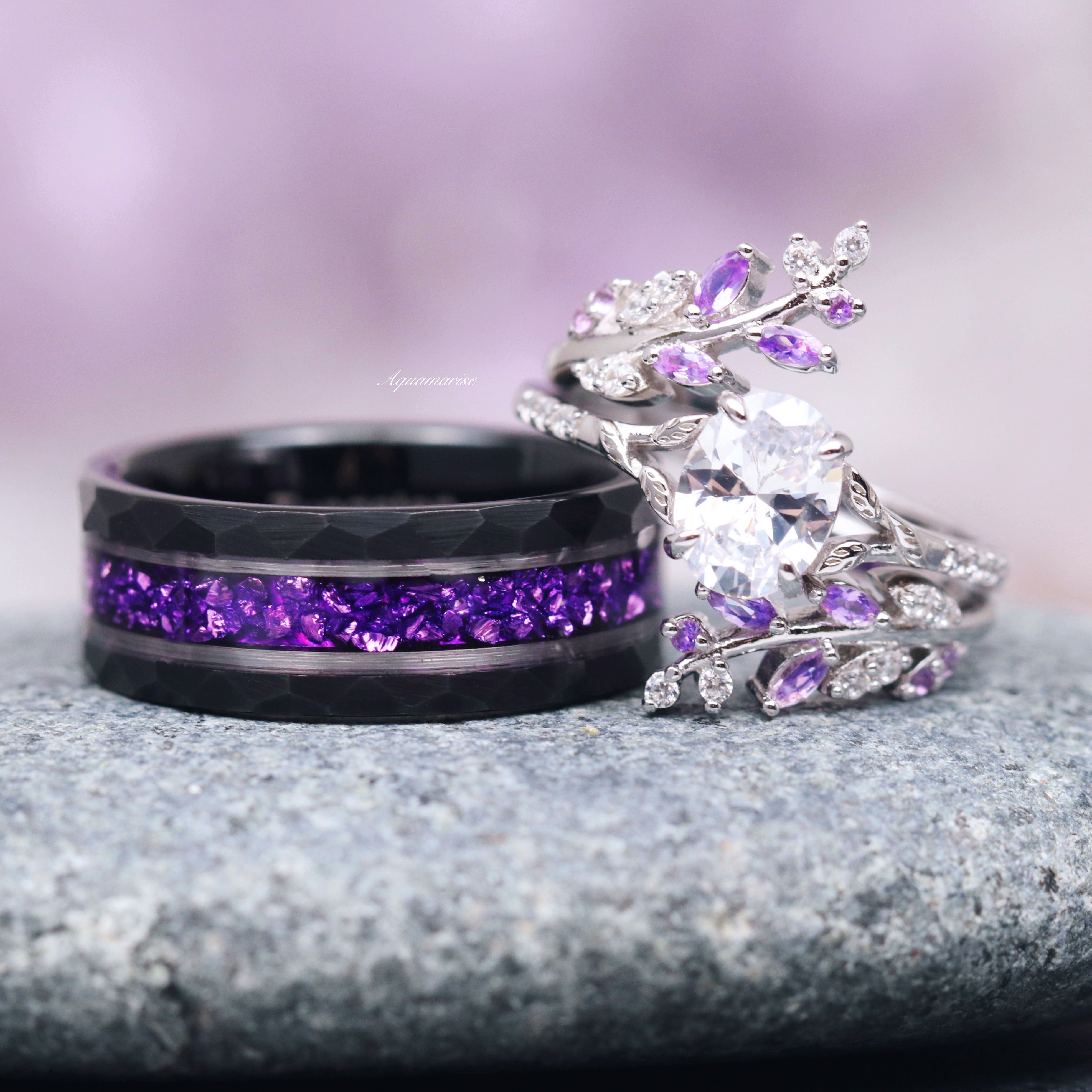 Amethyst & Diamond (CZ) Leaf Couples Ring for Women & Men - Elegant Matching Wedding Bands, Anniversary Gift for Couples, Perfect for Valentine's Day & Romantic Occasions