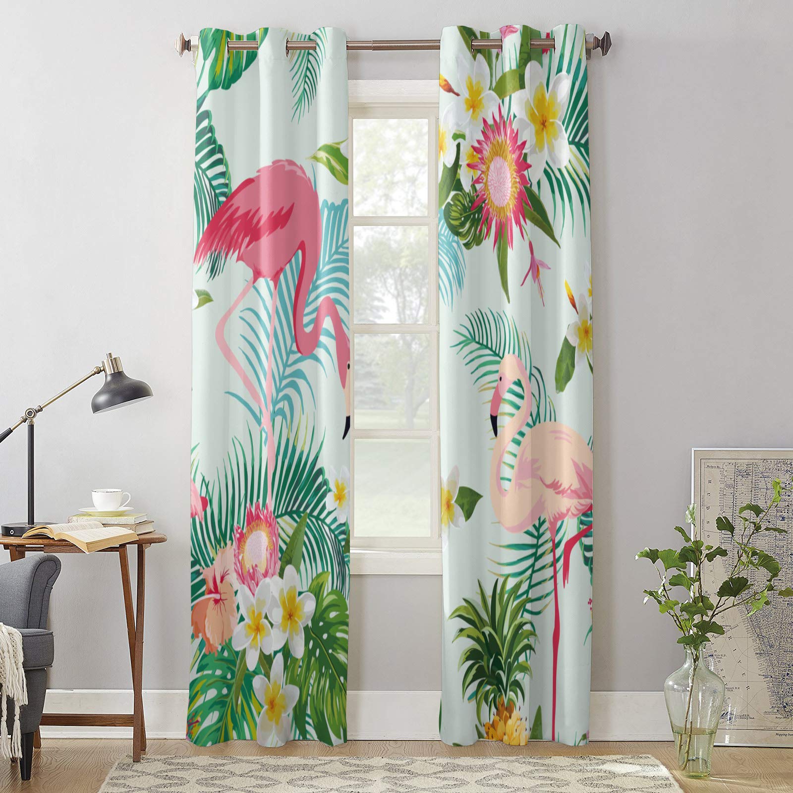 Blackout Curtains for Bedroom & Living Room - 2 Panels Tropical Palm Leaves Flamingo Window Drapes (52x84 Inch) | Grommet Panels for Light Blocking & Privacy | Perfect for Nursery, Home Theater & Shift Workers