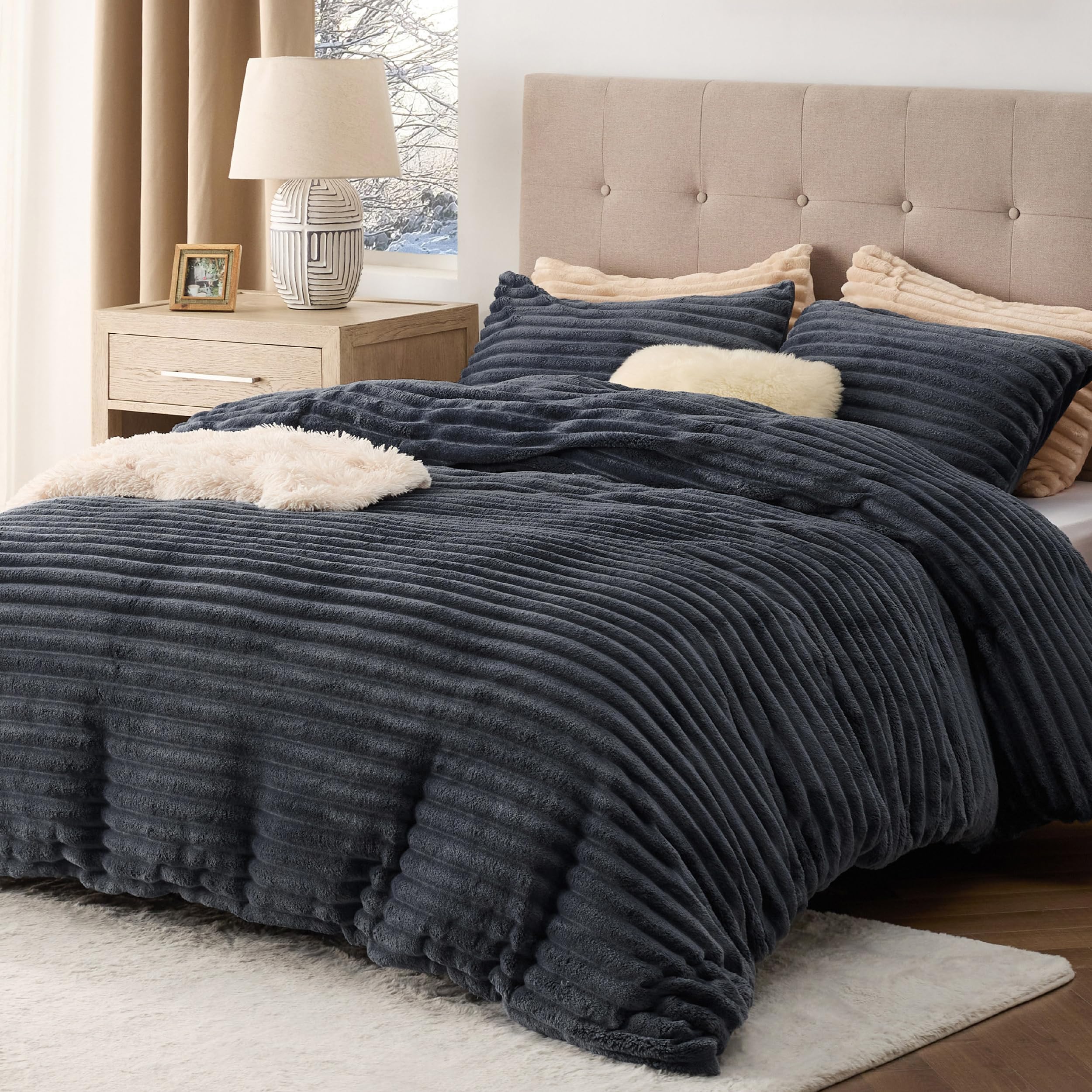 Bedsure Fluffy Duvet Cover Set - Ultra Soft Plush Shaggy King Size Comforter Cover, Warm Flannel Fleece Bedding Set for Winter, 3 Piece Set with 1 Duvet Cover & 2 Pillowcases (Striped Pattern, Dark Grey) - Cozy Bedroom Upgrade for Cold Nights & Luxury Hotel Style Comfort