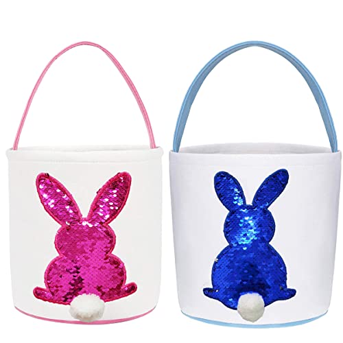 Easter Basket Bags for Kids - 2 Pack Bunny Tote Buckets (Blue & Pink) - Perfect for Easter Eggs, Toys, Candy & Gifts - Ideal for Easter Celebrations, Egg Hunts & Party Favors