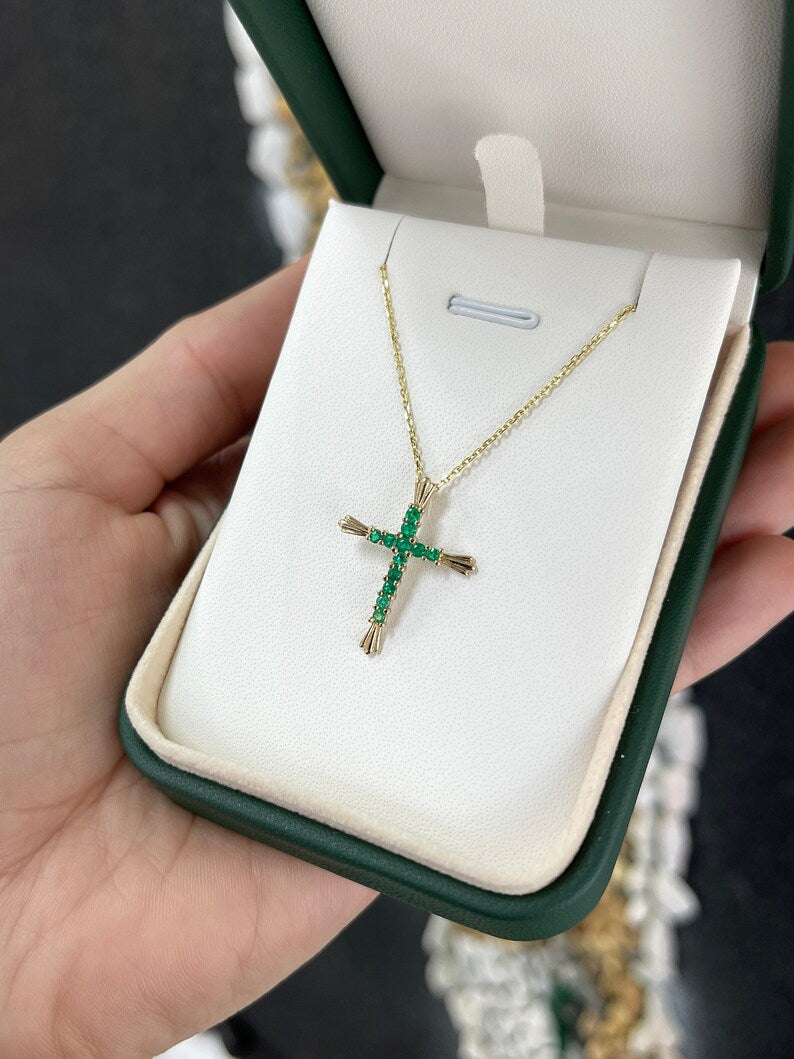 0.95tcw Zambian Emerald Bluish Green Cross Pendant in 18K Gold - Perfect for Religious Gifts, Baptism, First Communion & Spiritual Jewelry Collection