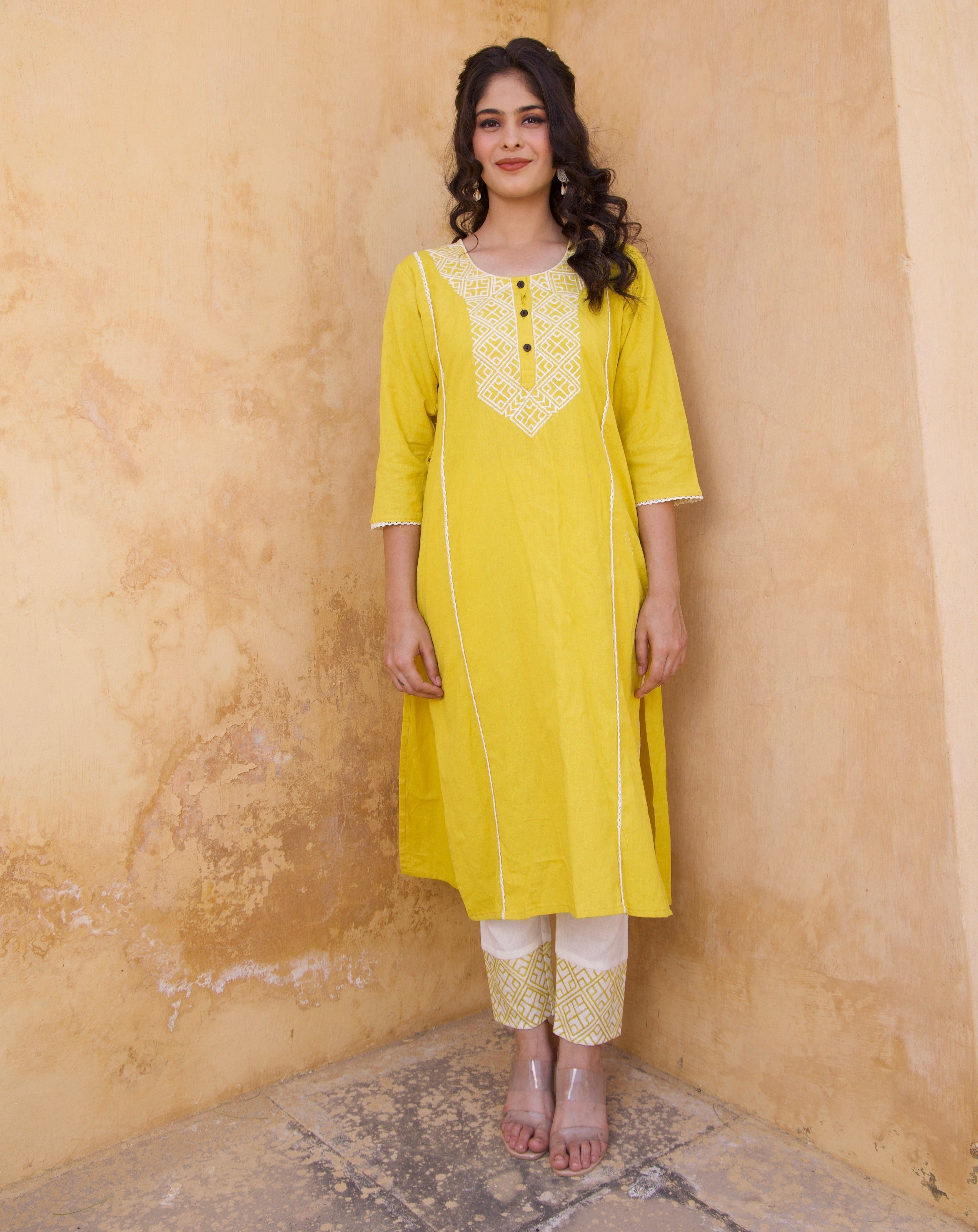 White and Yellow Embroidered Kurta and Pants Set for Women | Traditional Indian Ethnic Wear | Perfect for Festivals, Weddings & Special Occasions