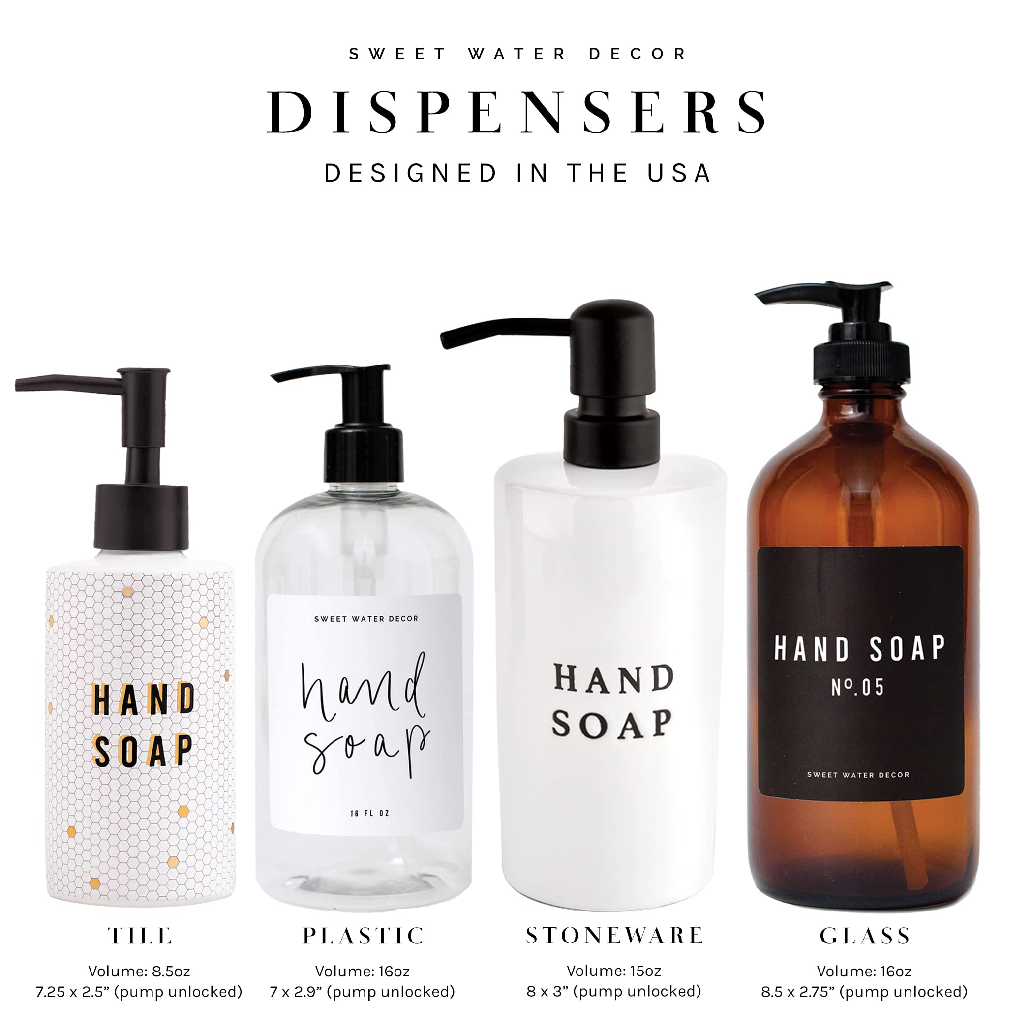 Sweet Water Decor 16 oz Clear Plastic Refillable Body Wash Dispenser with Pump - Rustic Modern Farmhouse Style - Waterproof White Label with Black Text - Perfect for Bathroom, Kitchen, or Gift Giving