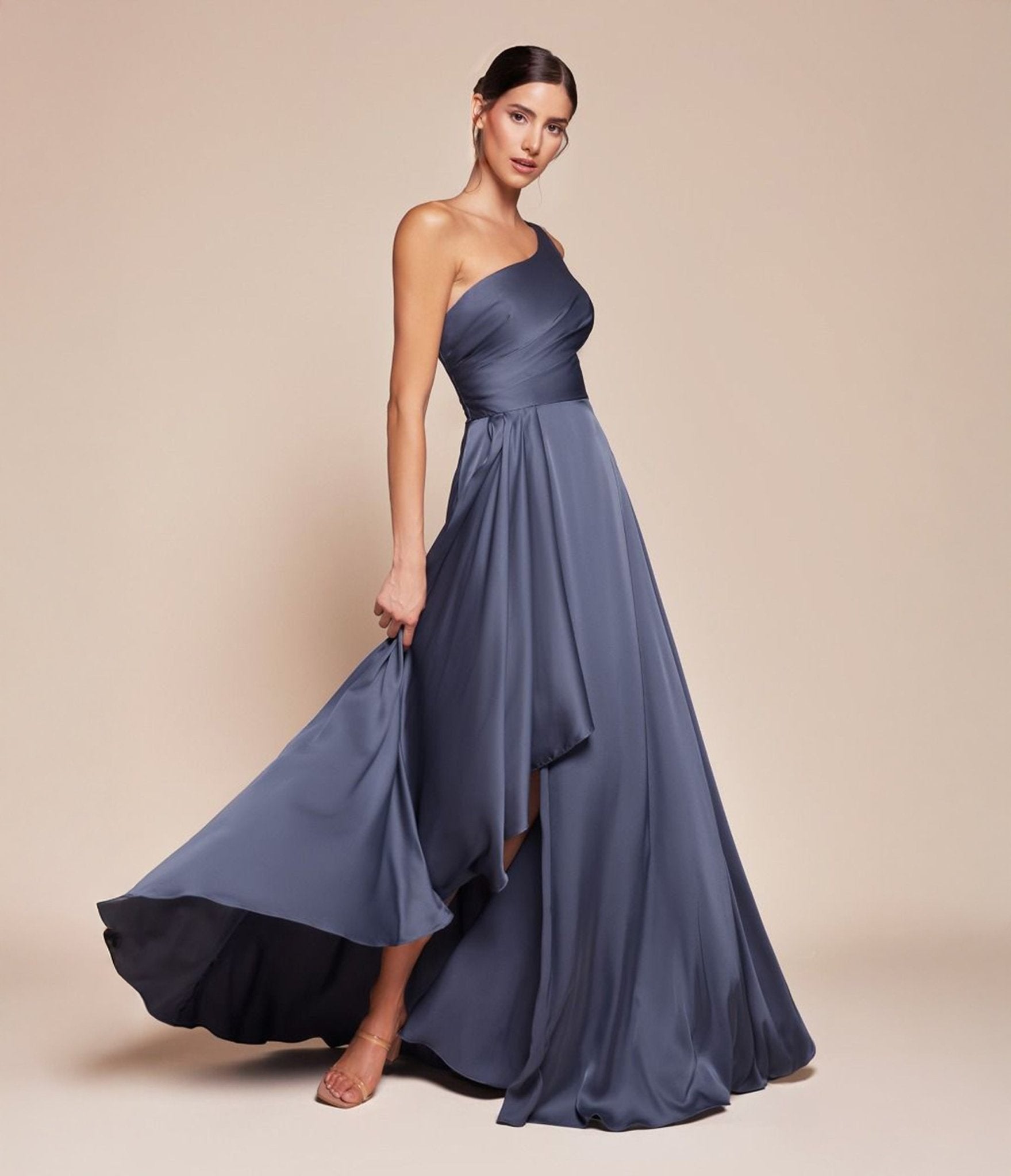 Ladivine by Cinderella Divine Smoky Blue One Shoulder Satin A-Line Dress for Prom, Evening Party & Special Occasions