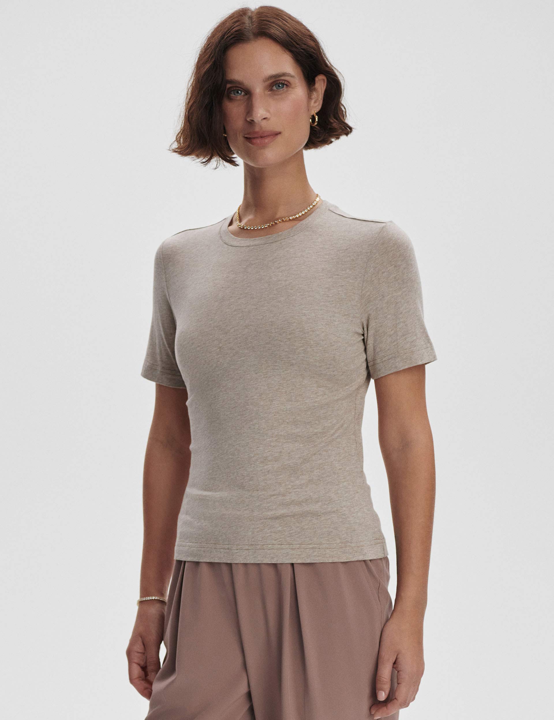 Regina Fitted Tee - Soft Taupe Marl Women's T-Shirt | Slim Fit Casual Top for Everyday Wear & Layering