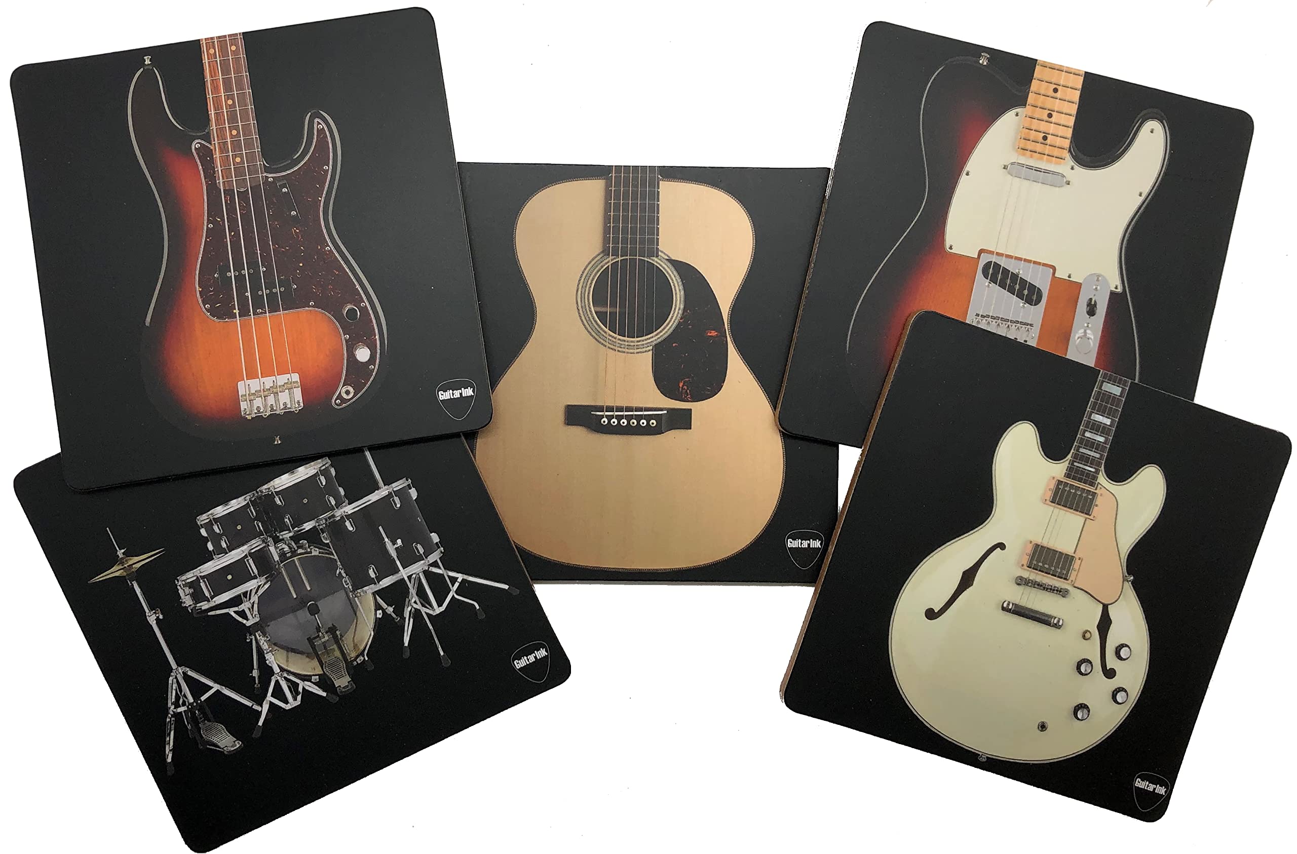 Guitar Drink Coaster Set - 5 Extra-Large Band-Themed Coasters with Classic Guitar, Bass & Drum Designs - Perfect Gift for Musicians & Music Lovers - Ideal for Home Bars, Studios & Music Rooms