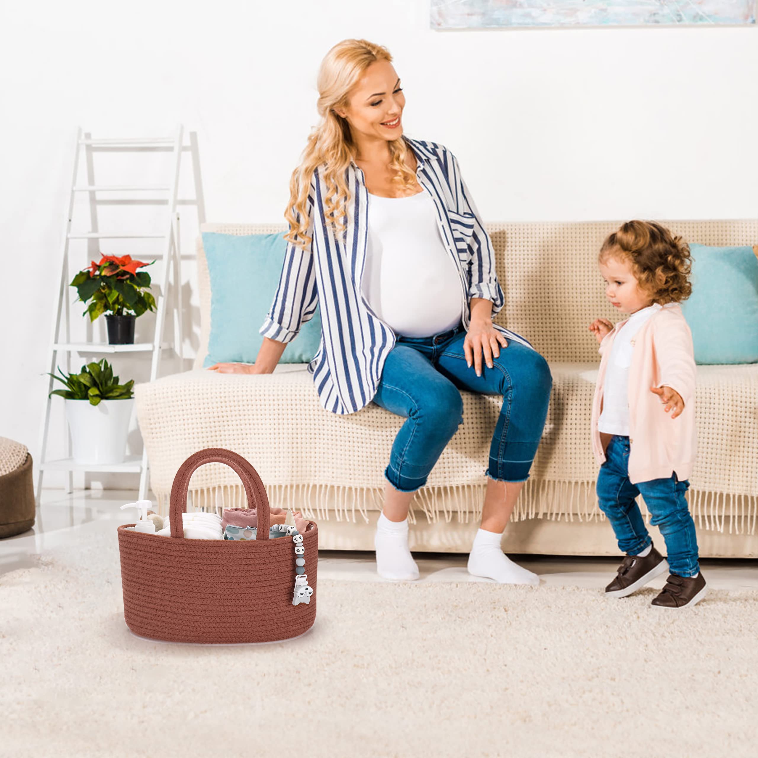 Baby Diaper Caddy Organizer - Cotton Rope Storage Bin Basket for Nursery, Changing Table & Travel - Portable Baby Essentials Holder for Boys & Girls - Perfect Baby Shower Gift & Newborn Registry Must Have (Rustic Style) - Ideal for Home Nursery, Car Trips & Diaper Changing Stations