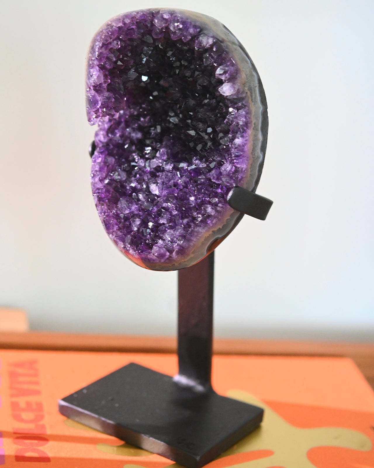 Natural Amethyst Crystal Geode on Wooden Stand - 4.2lbs Healing Stone for Home Decor, Meditation & Spiritual Gifts