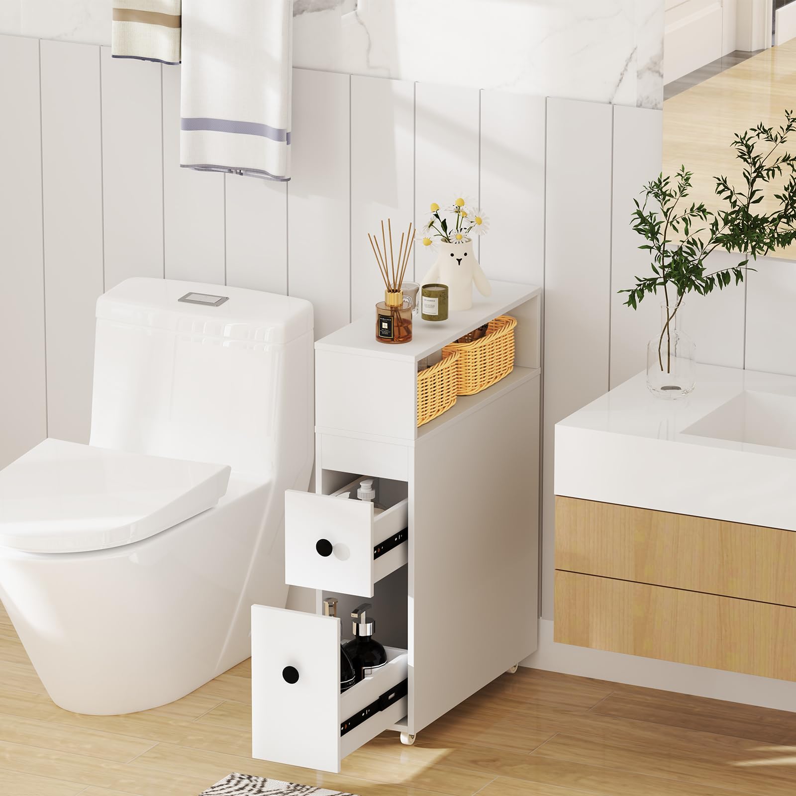 Giantex Slim Bathroom Storage Cabinet with Wheels - 2 Drawers, 2 Baskets & Brush Holder - Over The Toilet Organizer for Small Spaces - Perfect for Narrow Corners, Apartments & Tiny Bathrooms