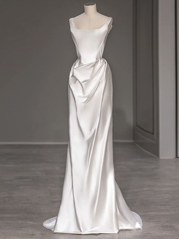 Elegant Sheath White Wedding Dress - Satin A-Line Bridal Gown J5248 for Church Ceremony & Beach Wedding