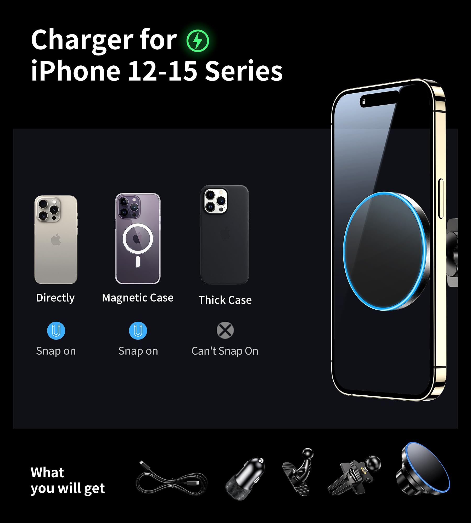 BHHB 15W 2-in-1 Magnetic Wireless Car Charger & Phone Holder - Magsafe Compatible for iPhone 16/15/14/13/12 Series - Dashboard/Vent Mount with Fast Charging Adapter - Perfect for Commuting, Road Trips & Hands-Free Driving