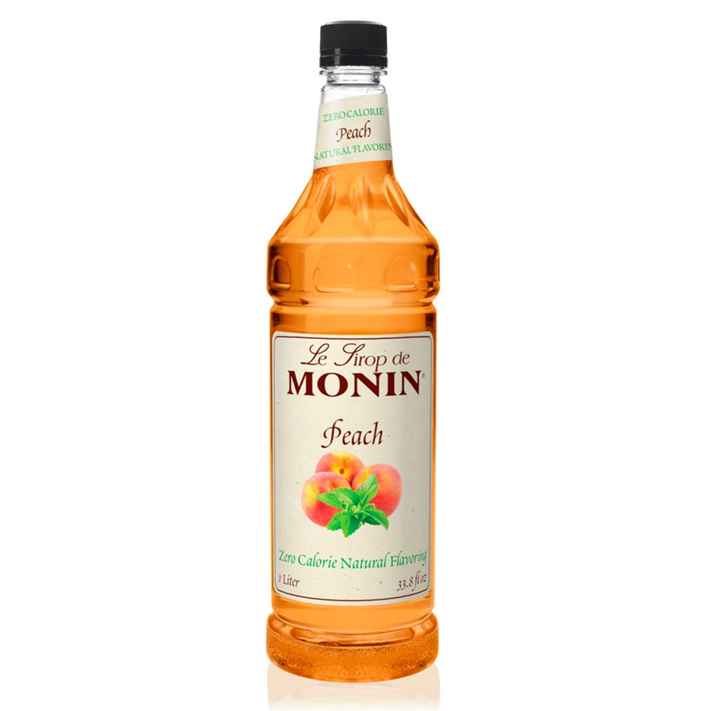 Monin Zero Calorie Natural Peach Syrup - Fresh & Juicy Flavor, Non-GMO, Gluten-Free, 1 Liter - Perfect for Iced Tea, Lemonade, Soda, Cocktails & Mocktails