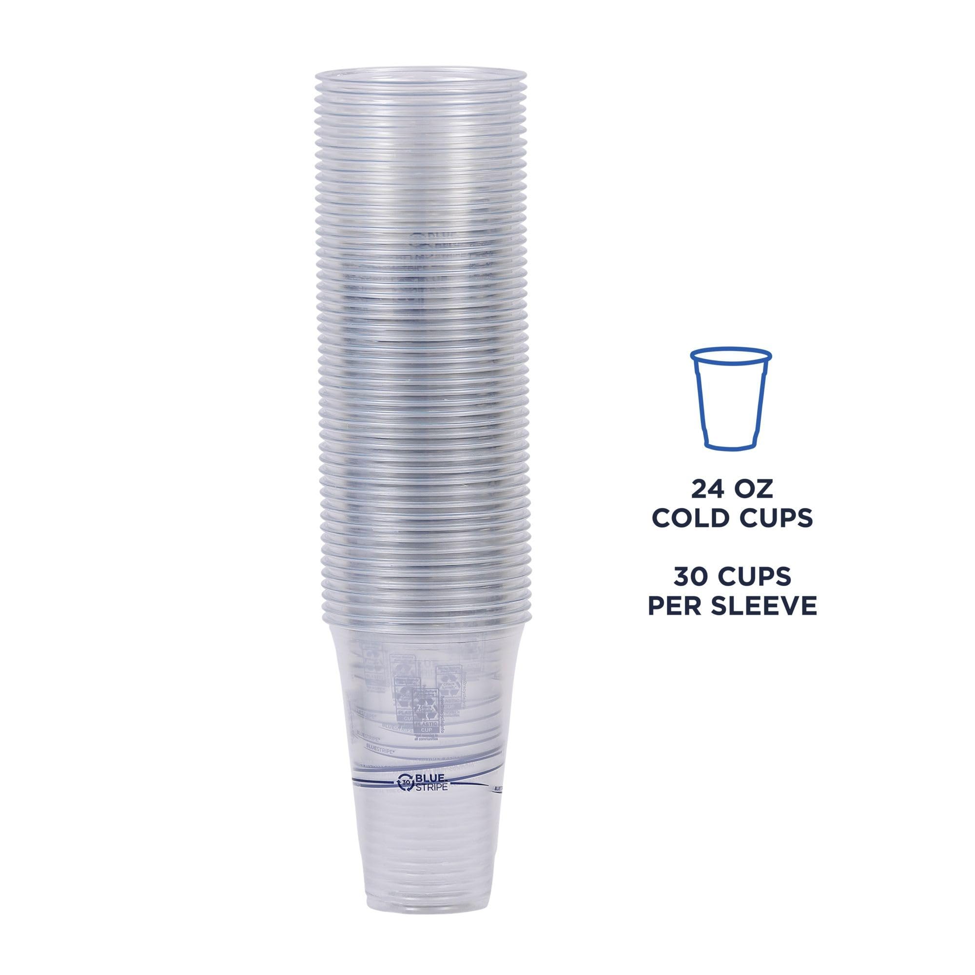 ECO PRODUCTS BlueStripe Recycled 24oz Plastic Cups - Case of 600, 30% Post-Consumer Recycled PET (rPET) - Clear Cold Drink & Snack Cups for Parties, Picnics, BBQs, and Office Events
