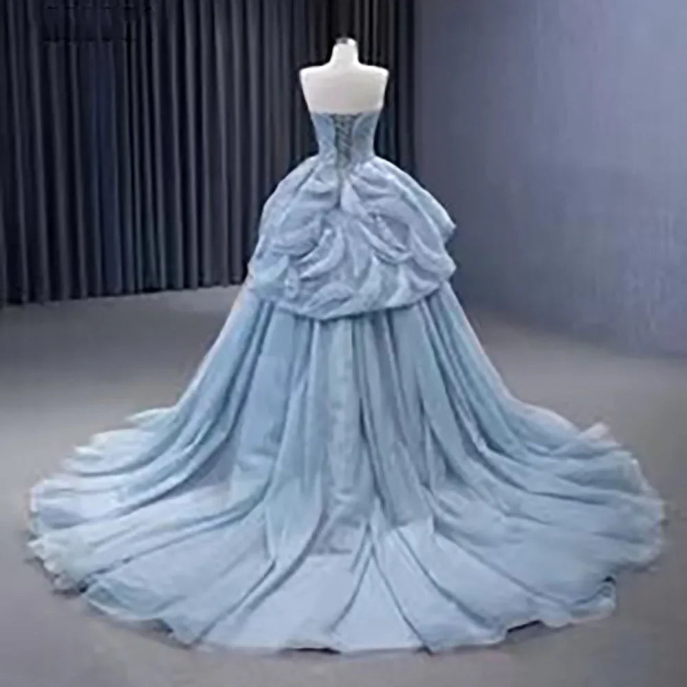 Luxury Custom Gray Blue Beaded Lace-Up Ball Gown Wedding Dress HM231064 - Perfect for Bridal Ceremonies, Formal Events & Special Occasions