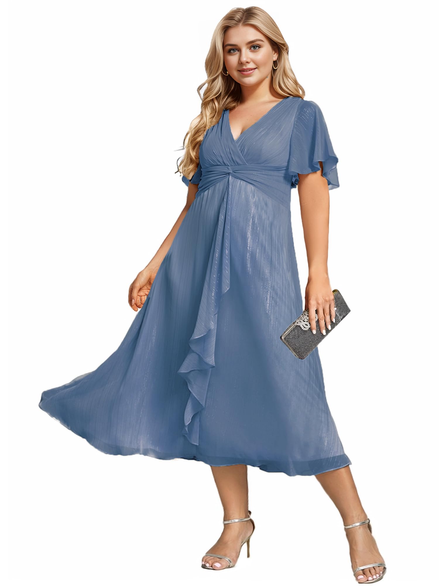 Ever-Pretty Plus Size Women's V-Neck Pleated A-Line Midi Dress with Short Sleeves - Semi-Formal Party Dress for Weddings, Office Wear & Special Occasions (Style 02131-DA)