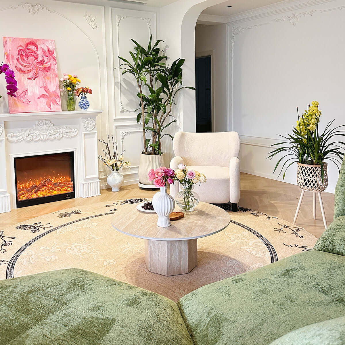 Modern Japandi Round Coffee Table - Beige Travertine Top with Premium Wood Base | Scandinavian Minimalist Living Room Furniture for Small Spaces