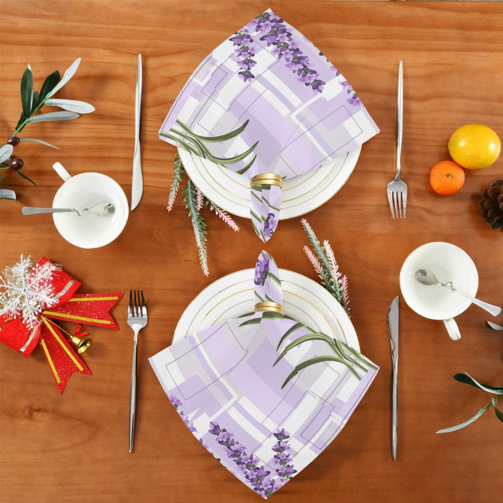 Lavender Floral Cloth Napkins Set of 4 - Soft Washable Polyester Dinner Napkins 20x20 Inches with Hemmed Edges - Elegant Table Linens for Wedding, Party, Holiday Dinner & Home Decor