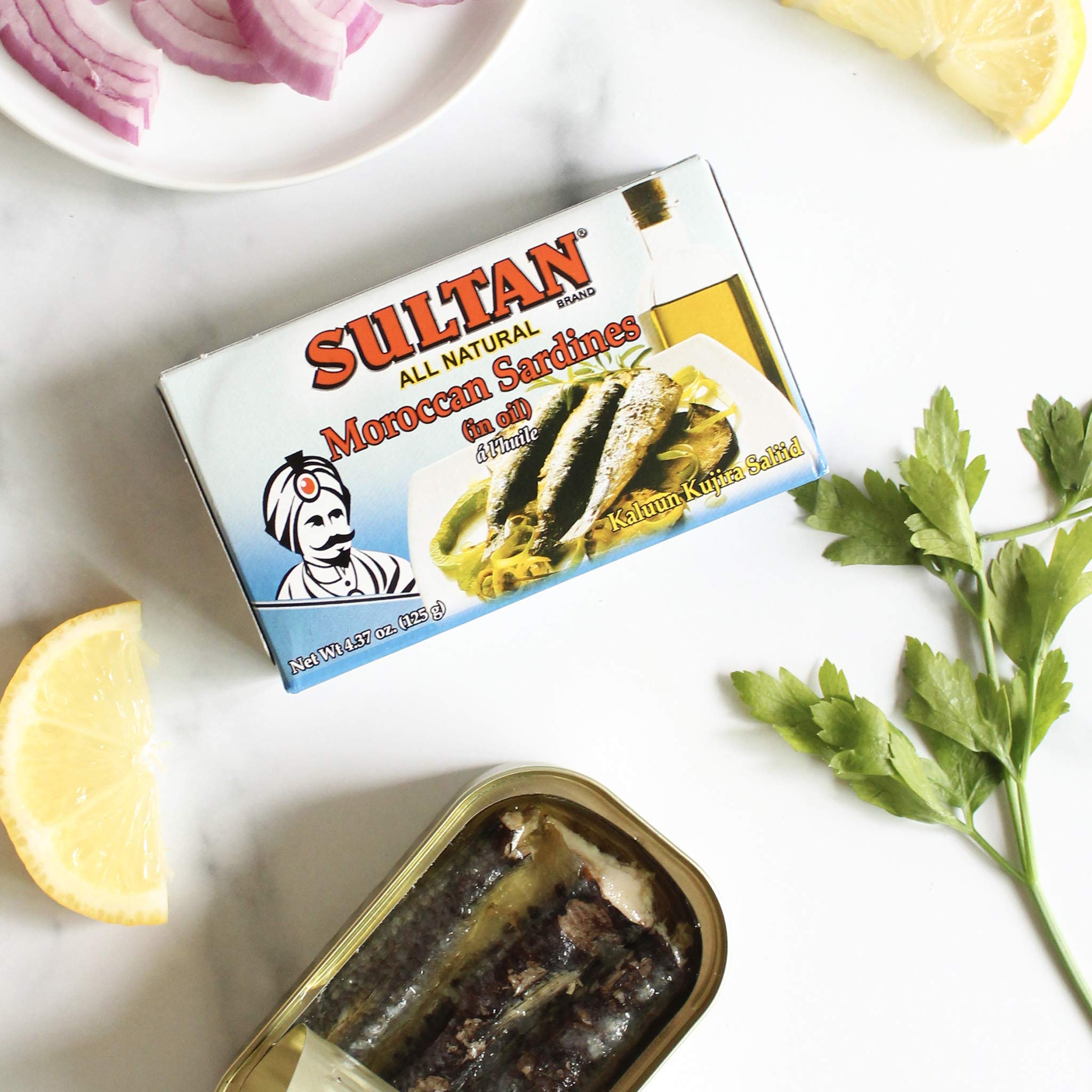 Premium Sultan Moroccan Season Sardines in Olive Oil - 100% Natural, High Protein, No Additives or Preservatives - Paleo, Keto & Carnivore Diet Friendly - Zero Carb Canned Fish - 4.37oz (5-Pack) - Perfect for Salads, Snacks & Low-Carb Meals