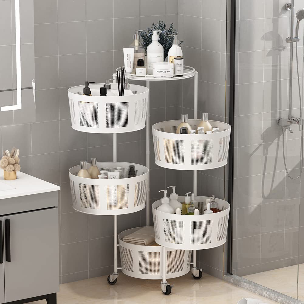 5-Layer Rotating Metal Storage Basket for Kitchen - Hanging Organizer for Fruits & Vegetables - Space Saving Storage Rack for Living Room, Bathroom & Home Organization (Perfect for Small Spaces & Clutter-Free Homes)