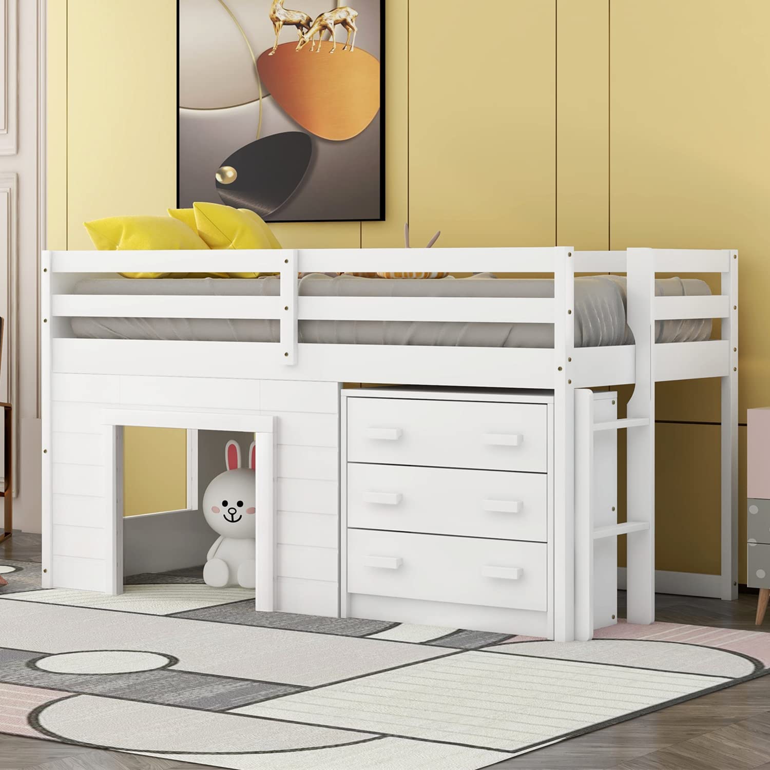 Bellemave Low Loft Twin Bed with 3 Drawers & Cabinet - Farmhouse Style Wooden Loft Bed Frame with Bedside Tray for Kids, Teens, Boys & Girls - Perfect for Small Bedrooms, Dorm Rooms & Space-Saving Kids' Rooms (White)