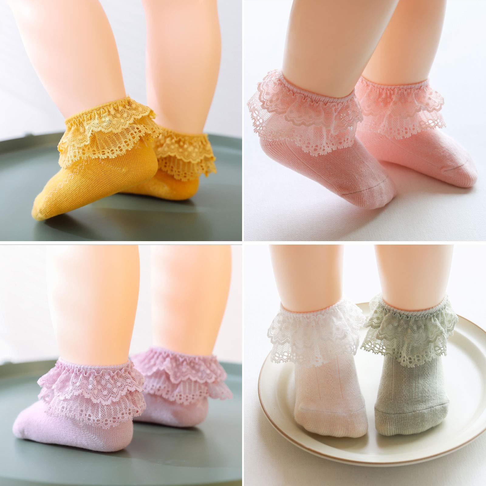Baby Girl Lace Socks with Double Eyelet & Ruffle Trim - Newborn to Toddler Soft Cotton Socks Gift Set | Perfect for Special Occasions, Photo Shoots & Everyday Wear